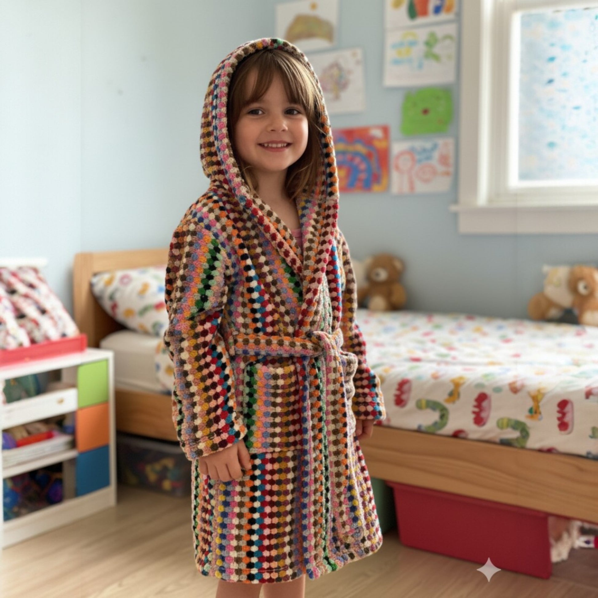 Child wearing a colorful turkish terry towel robe in a bedroom with a bed and toys in the background