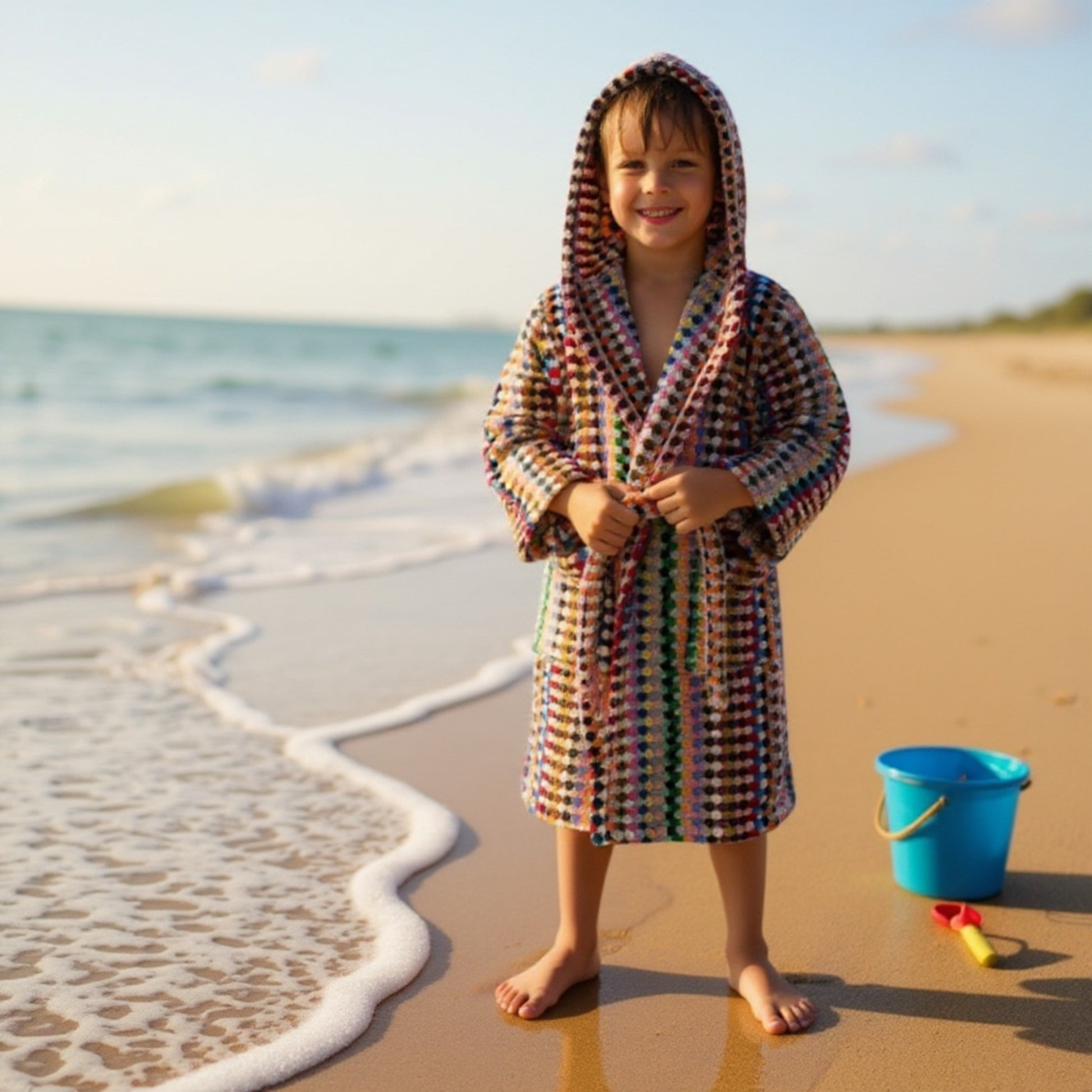 Child in a colorful hooded towel on a beach with a blue bucket and sand toys.