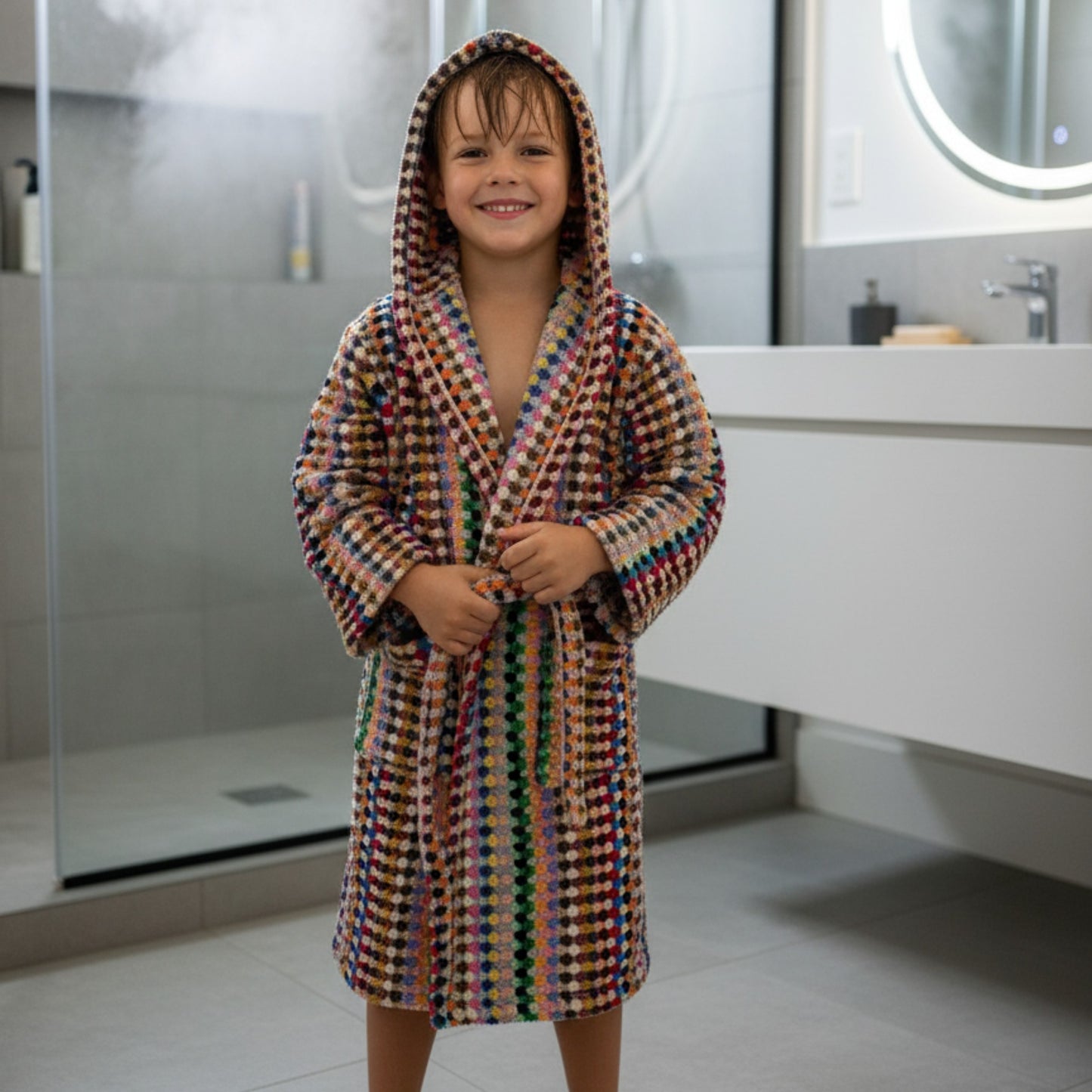 Child wearing a colorful robe in a bathroom
