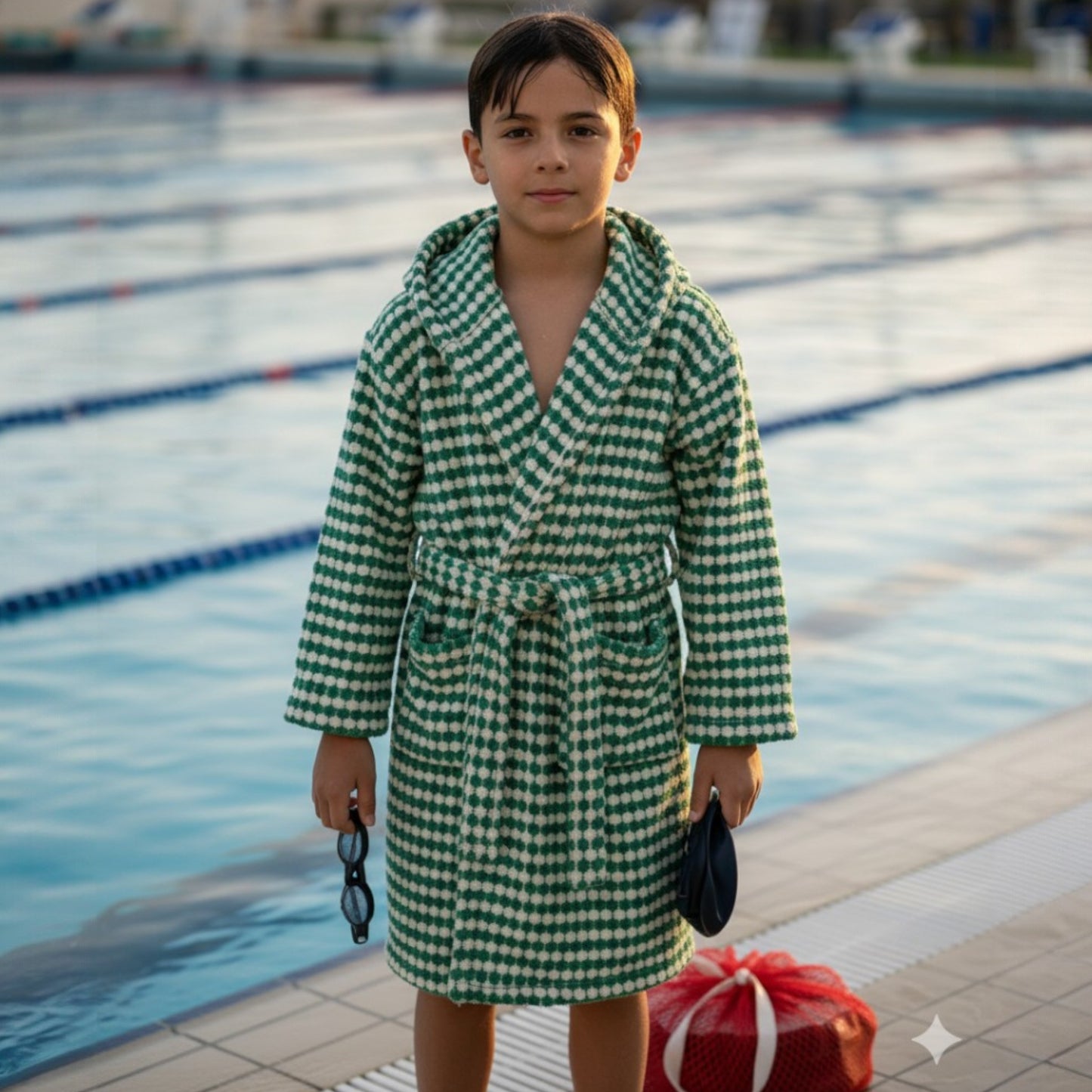 Child in a green Handwoven Natural Turkish Cotton Terry Kids Bathrobe – PomPom Design Green standing by a poolside