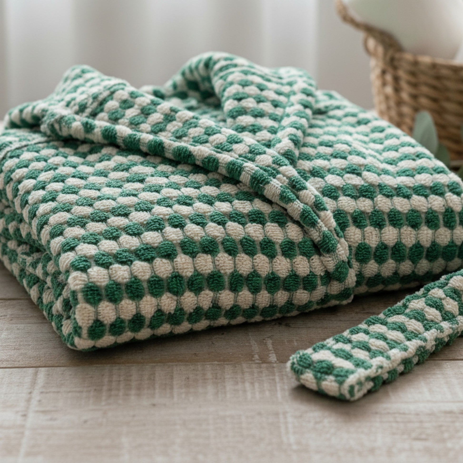 Green and white checkered blanket on a wooden surface