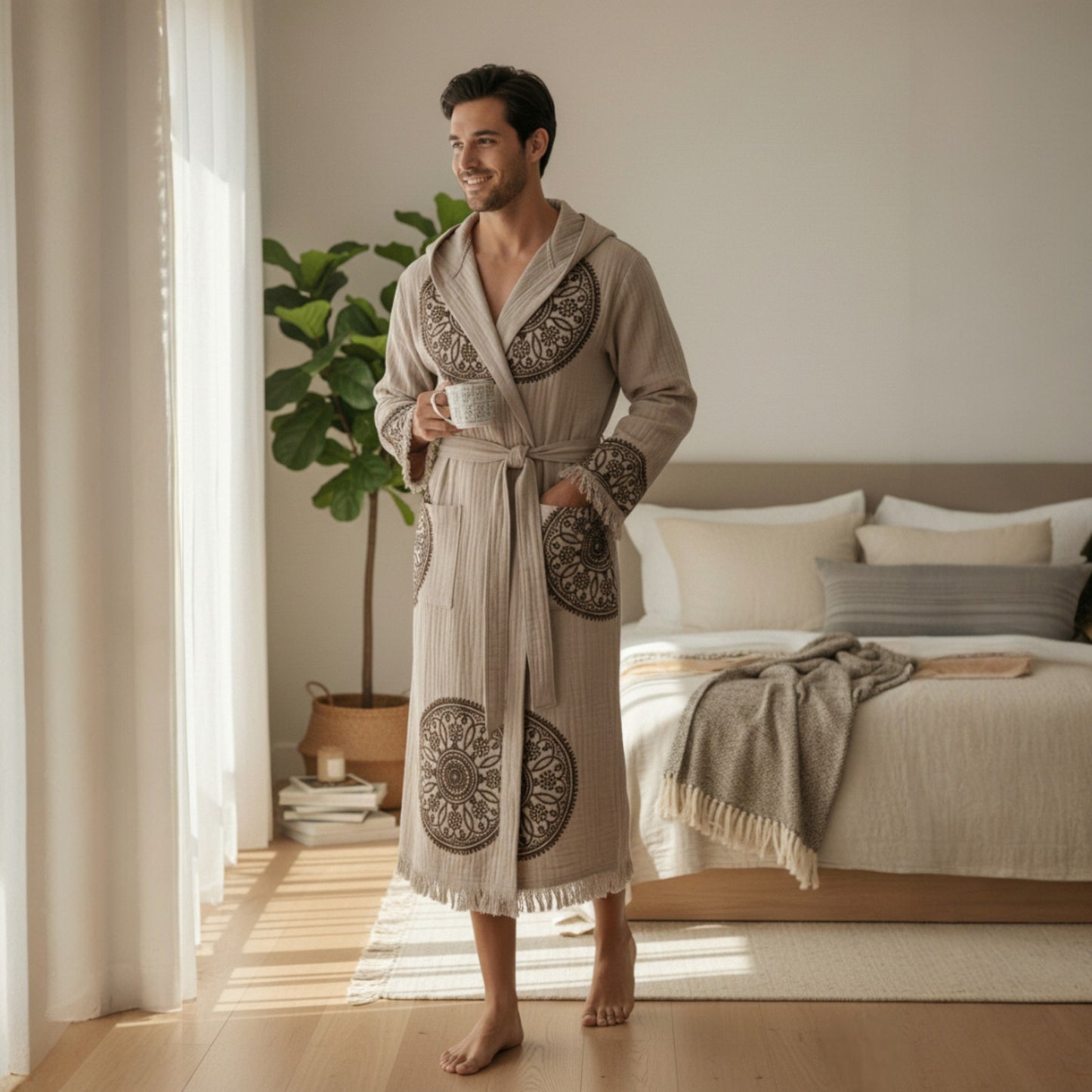 Handwoven Organic Cotton Muslin Mandala Block Print Hooded Robe – Unisex