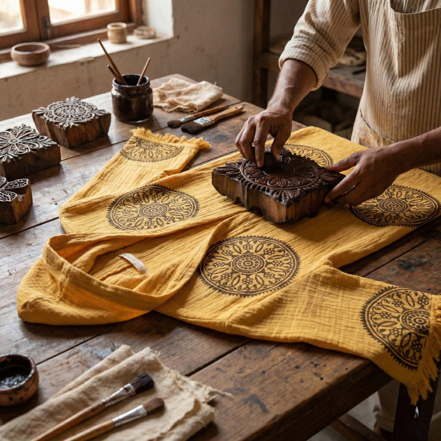 Handwoven Organic Cotton Muslin Mandala Block Print Hooded Robe – Unisex