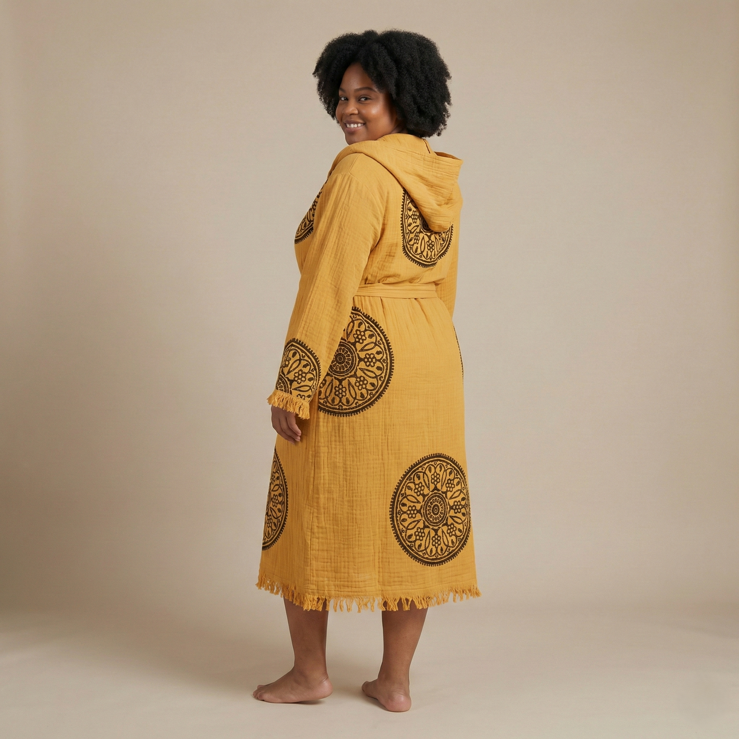 Handwoven Organic Cotton Muslin Mandala Block Print Hooded Robe – Unisex