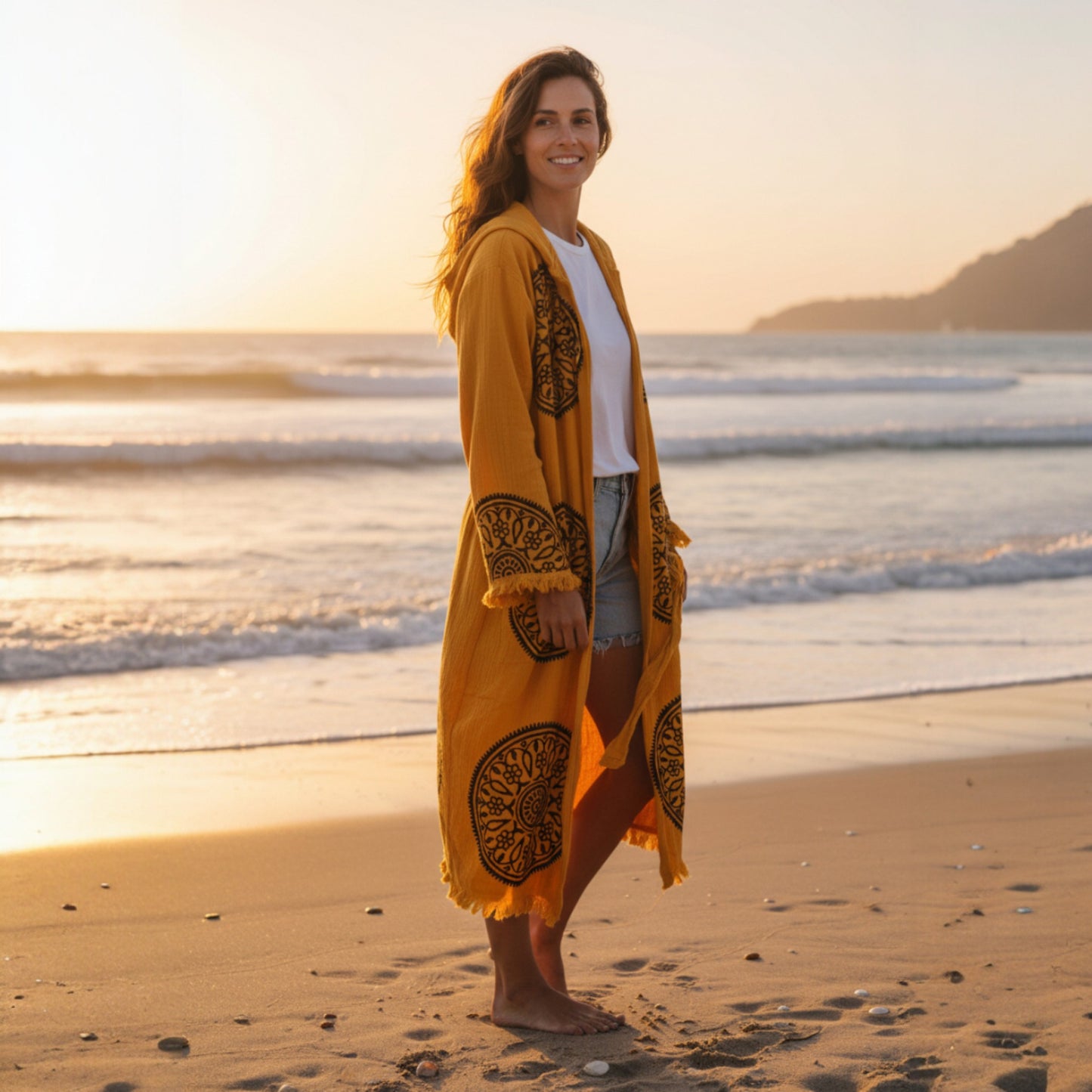 Handwoven Organic Cotton Muslin Mandala Block Print Hooded Robe – Unisex