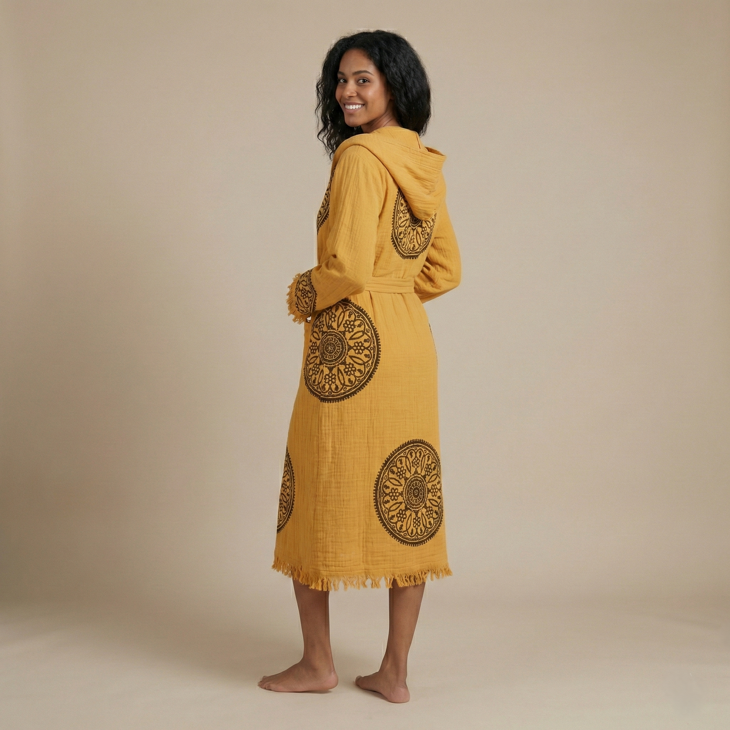 Handwoven Organic Cotton Muslin Mandala Block Print Hooded Robe – Unisex