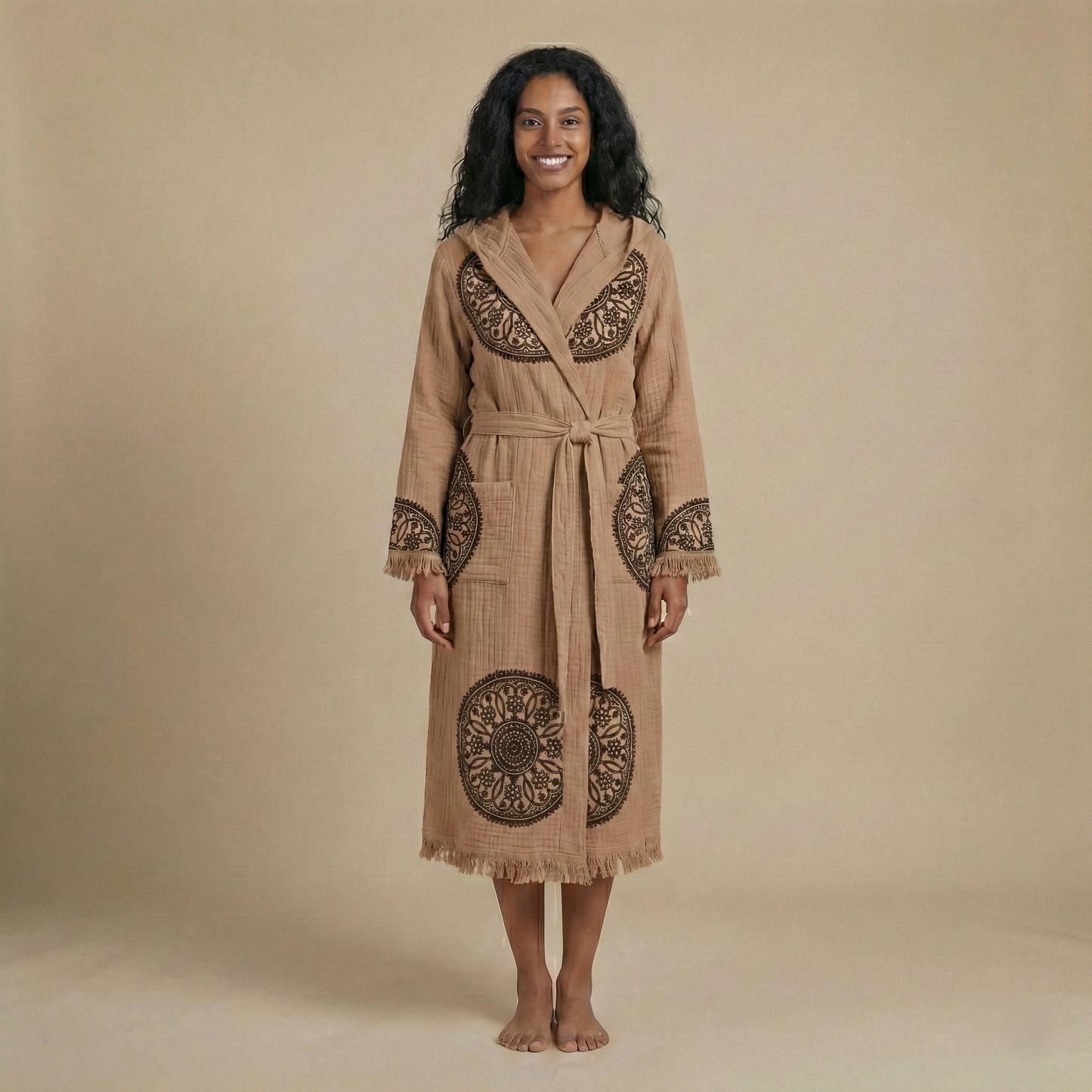 Handwoven Organic Cotton Muslin Mandala Block Print Hooded Robe – Unisex