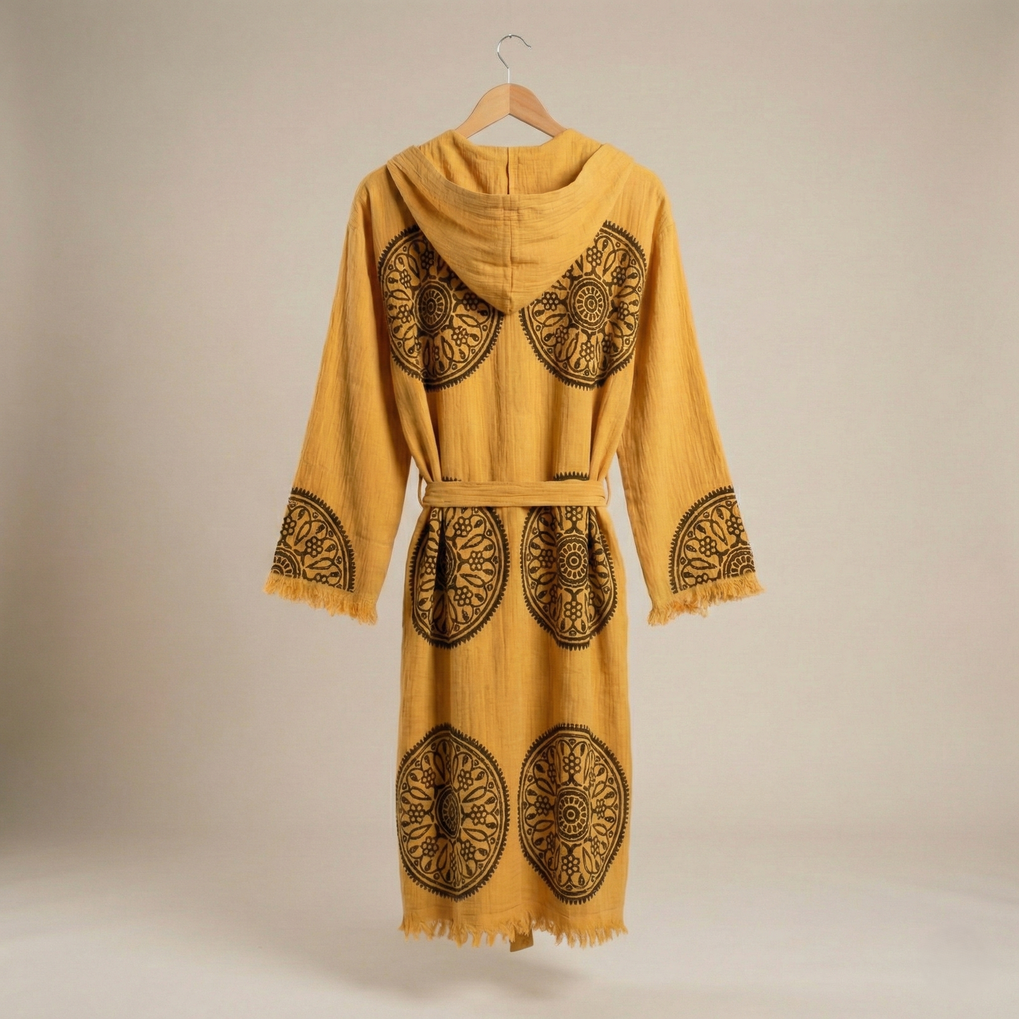 Handwoven Organic Cotton Muslin Mandala Block Print Hooded Robe – Unisex