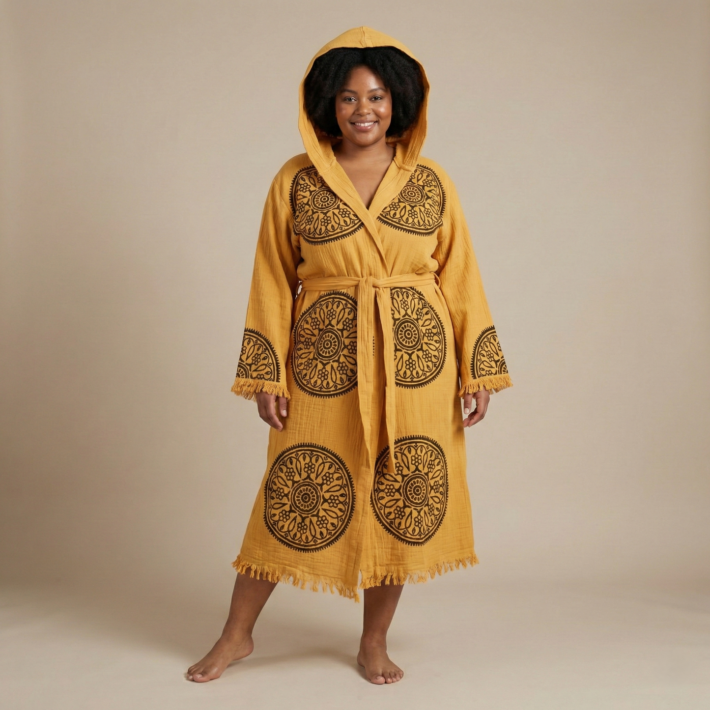 Handwoven Organic Cotton Muslin Mandala Block Print Hooded Robe – Unisex