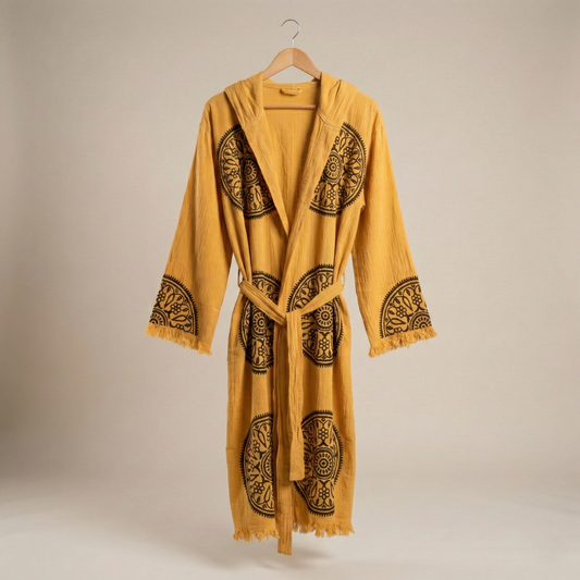 Handwoven Organic Cotton Muslin Mandala Block Print Hooded Robe – Unisex