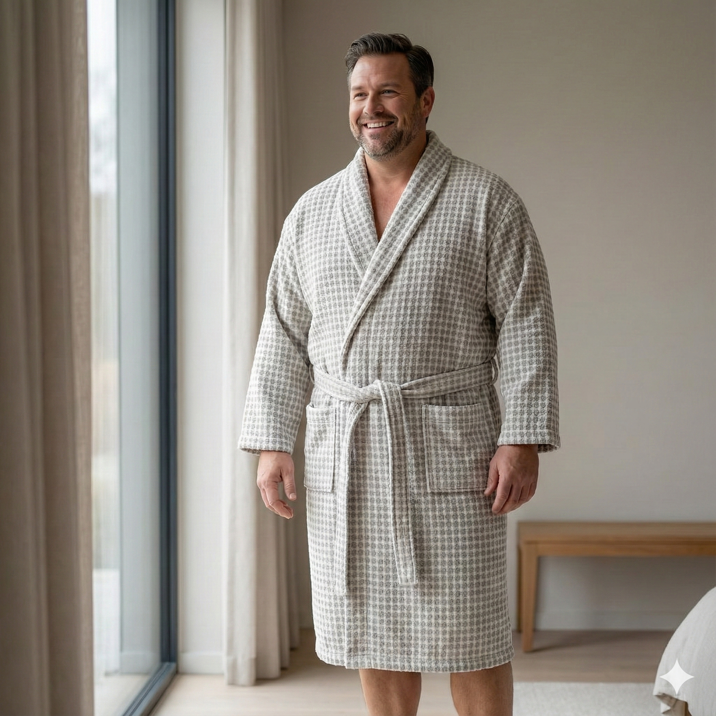 Man wearing a Handwoven Turkish Terry Bathrobe Grey Dotted Shawl Collar standing in a room with a window and curtain.