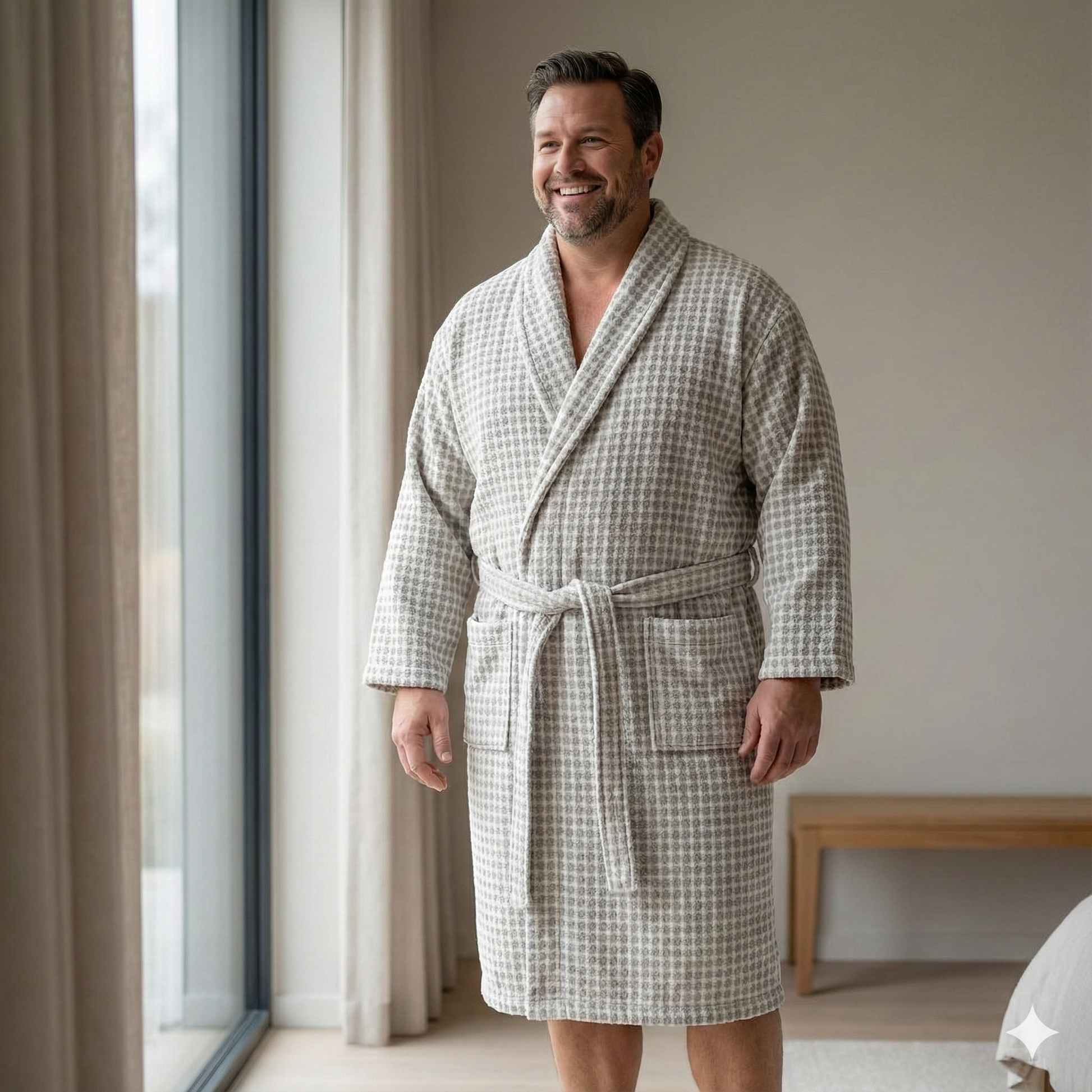Man wearing a Handwoven Turkish Terry Bathrobe Grey Dotted Shawl Collar standing in a room with a window and curtain.