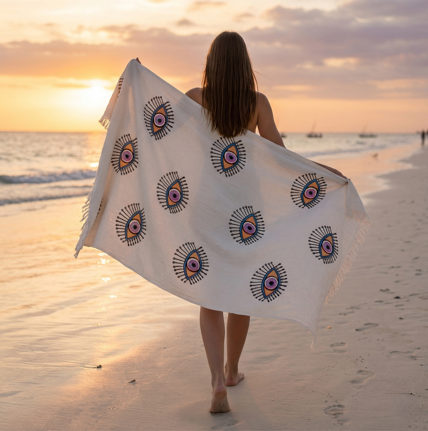 Three-Layer Handwoven Turkish Towel Pestemal – Evil Eye Hand Printed Natural Cotton (Multi-Use)