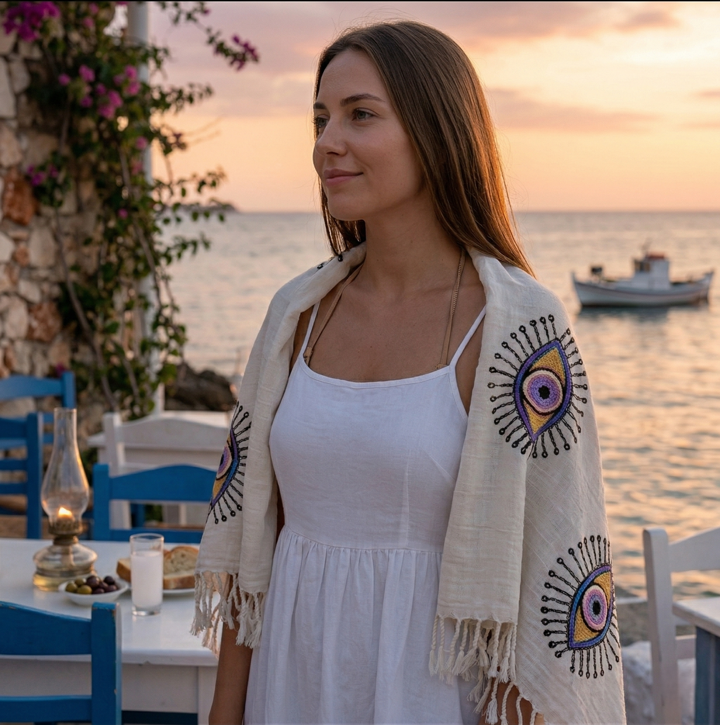 Three-Layer Handwoven Turkish Towel Pestemal – Evil Eye Hand Printed Natural Cotton (Multi-Use)