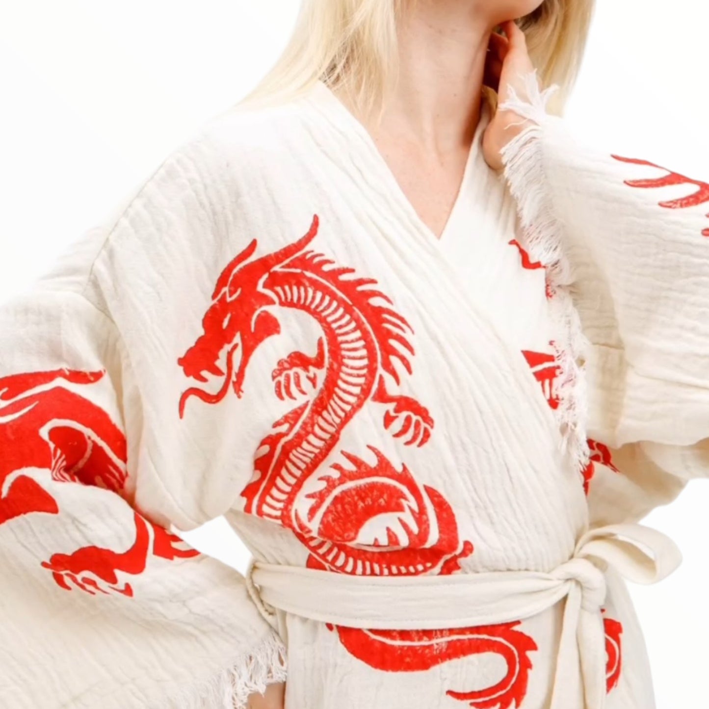 Hand-Made Block Print Dragon Design Turkish Towel Kimono Robe Kaftan