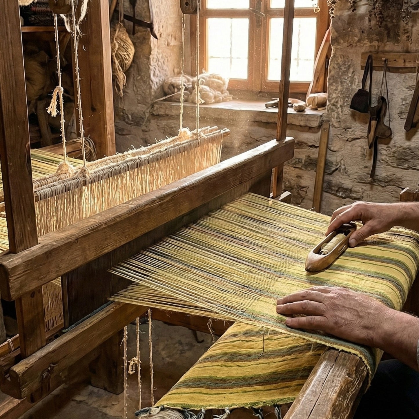 Person weaving Hand-woven linen Turkish towel pestemal on a traditional wooden loom in a rustic setting