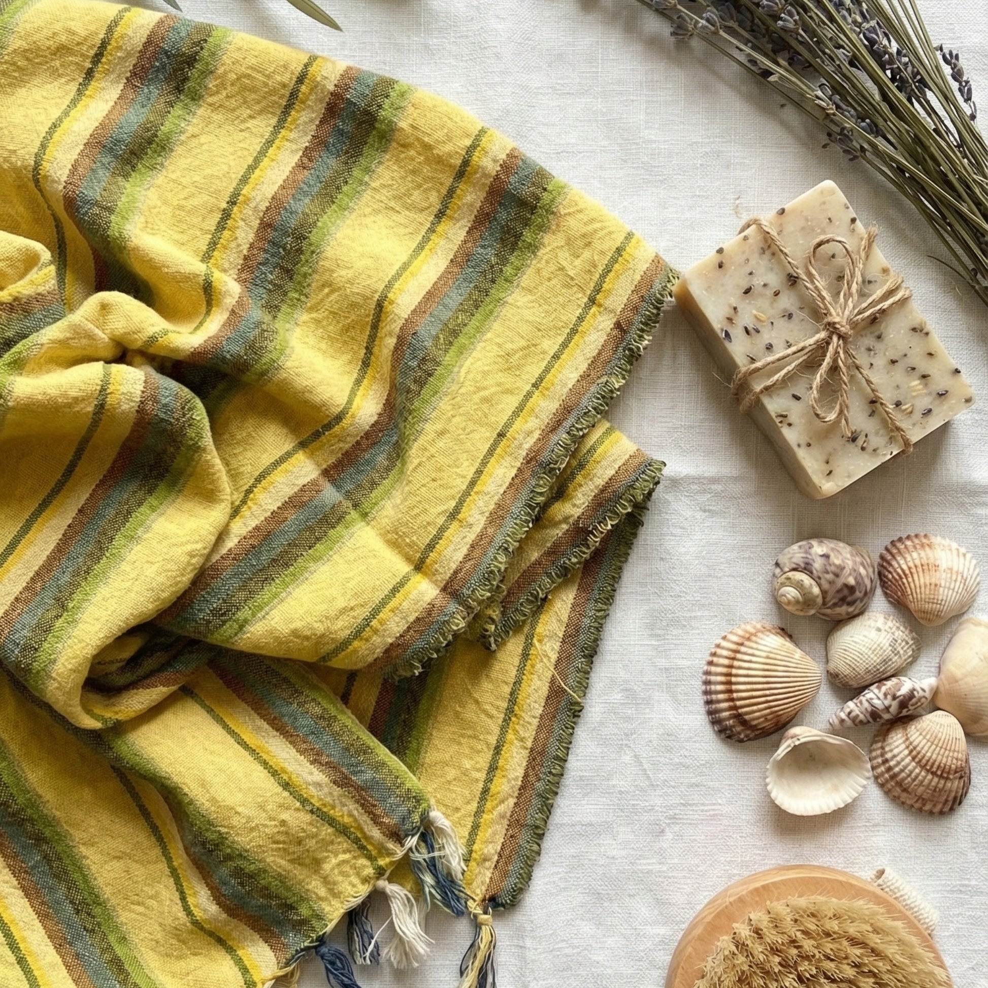 Yellow striped Hand-woven linen Turkish towel pestemal with soap, seashells, and lavender on a light background