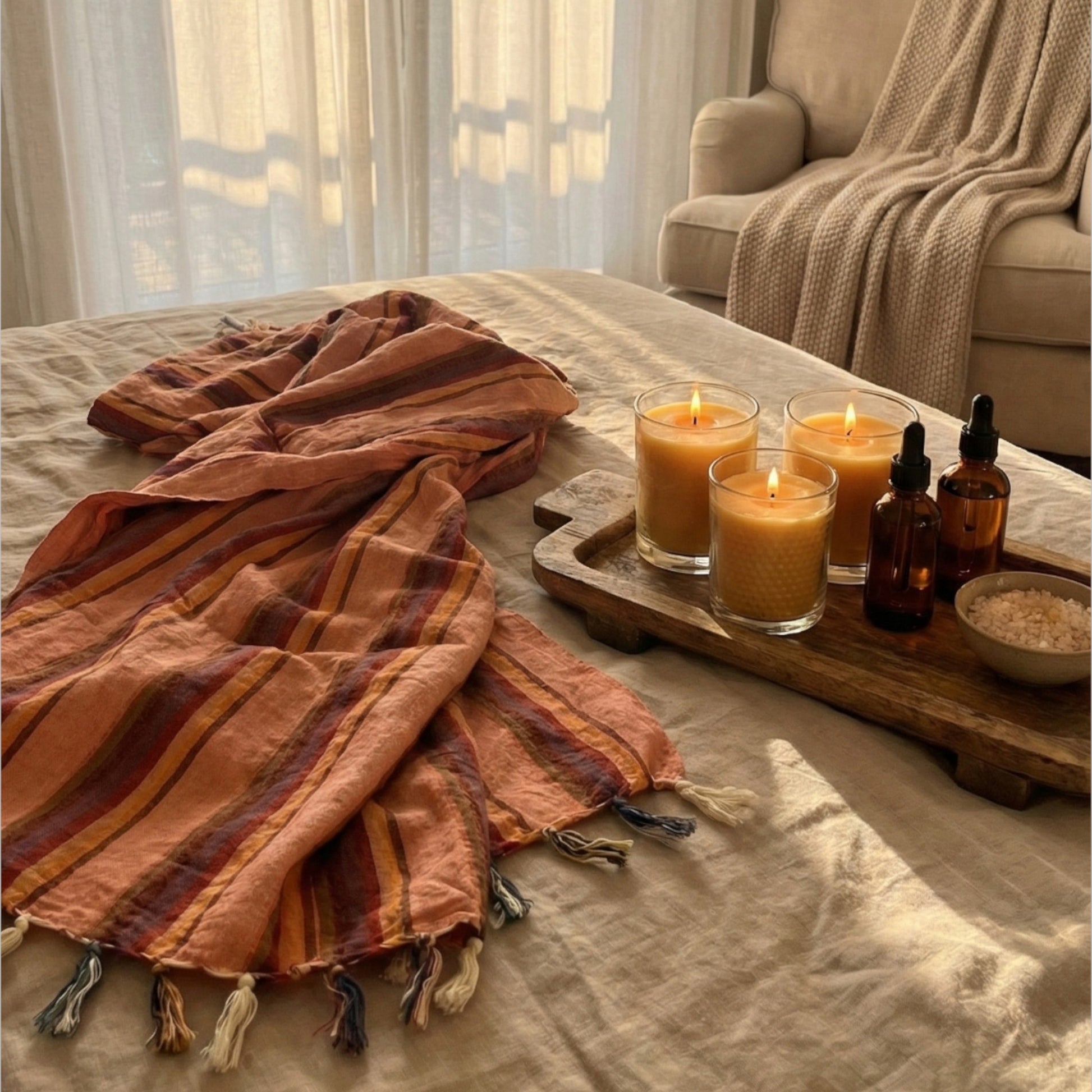 Cozy living room with candles, a Hand-woven linen Turkish towel pestemal , and a wooden tray.