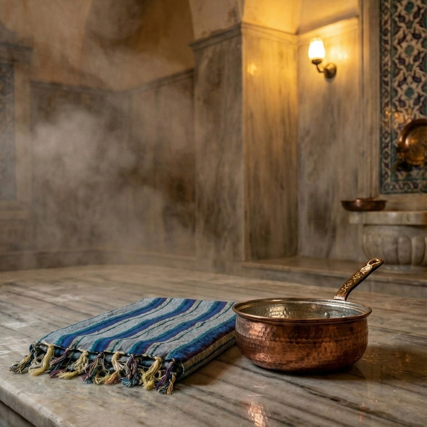 Copper bowl with a striped Hand-woven linen Turkish towel pestemal on a marble surface in a steam room setting in Turkish Hammam Turkish Bath.