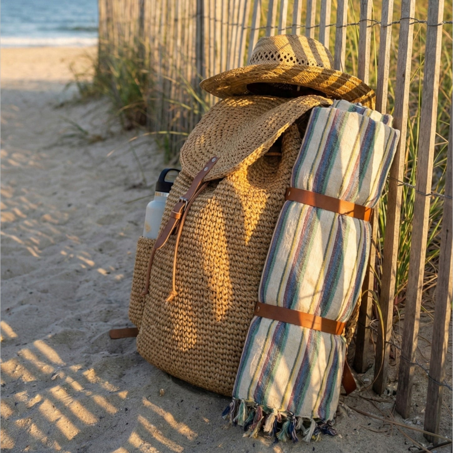 Woven backpack with a straw hat and striped Hand-woven linen Turkish towel pestemal on a sandy beach.