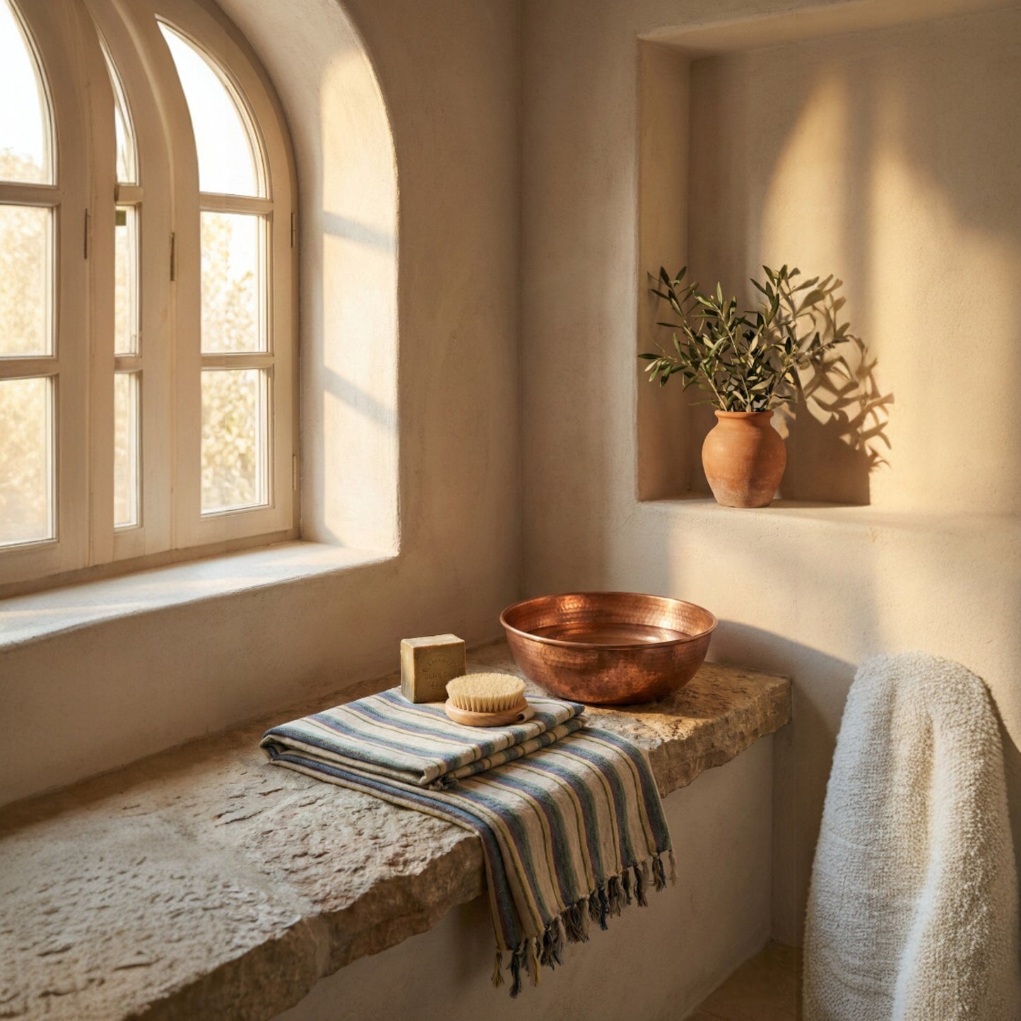 Bathroom with stone shelf, copper bowl, striped Hand-woven linen Turkish towel pestemal, and plant