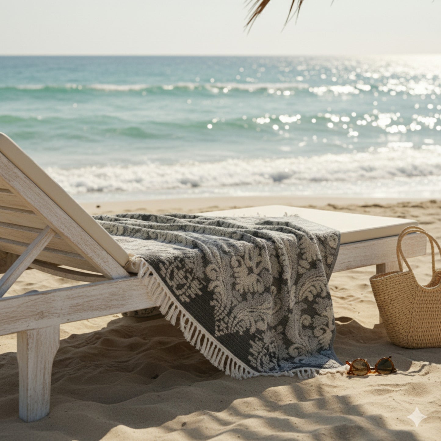 Beach scene with a wooden lounge chair, damascus patterned hand towels Turkish Towels , and straw bag on sand with ocean in background