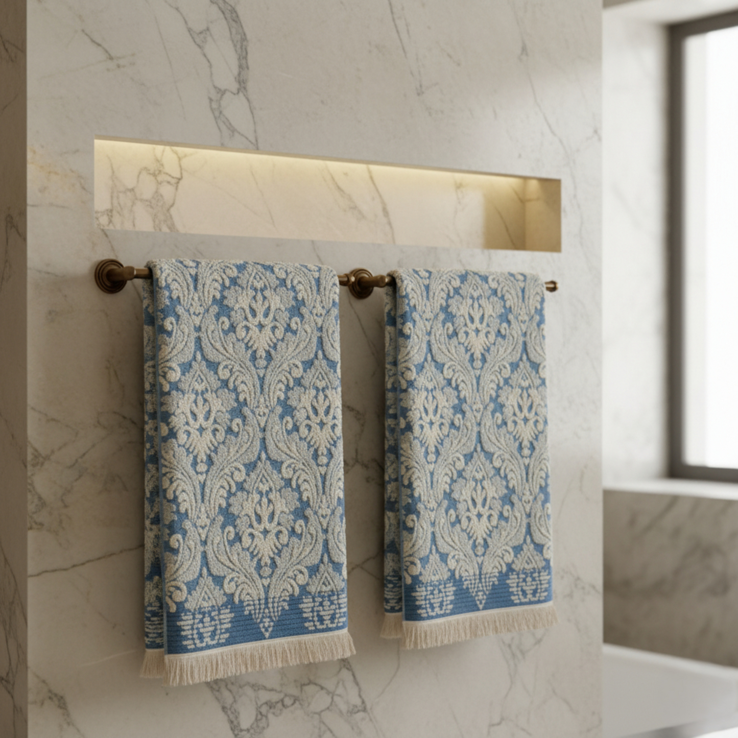 Blue and white damascus patterned hand towels Turkish Towels hanging on a towel rack in a bathroom.