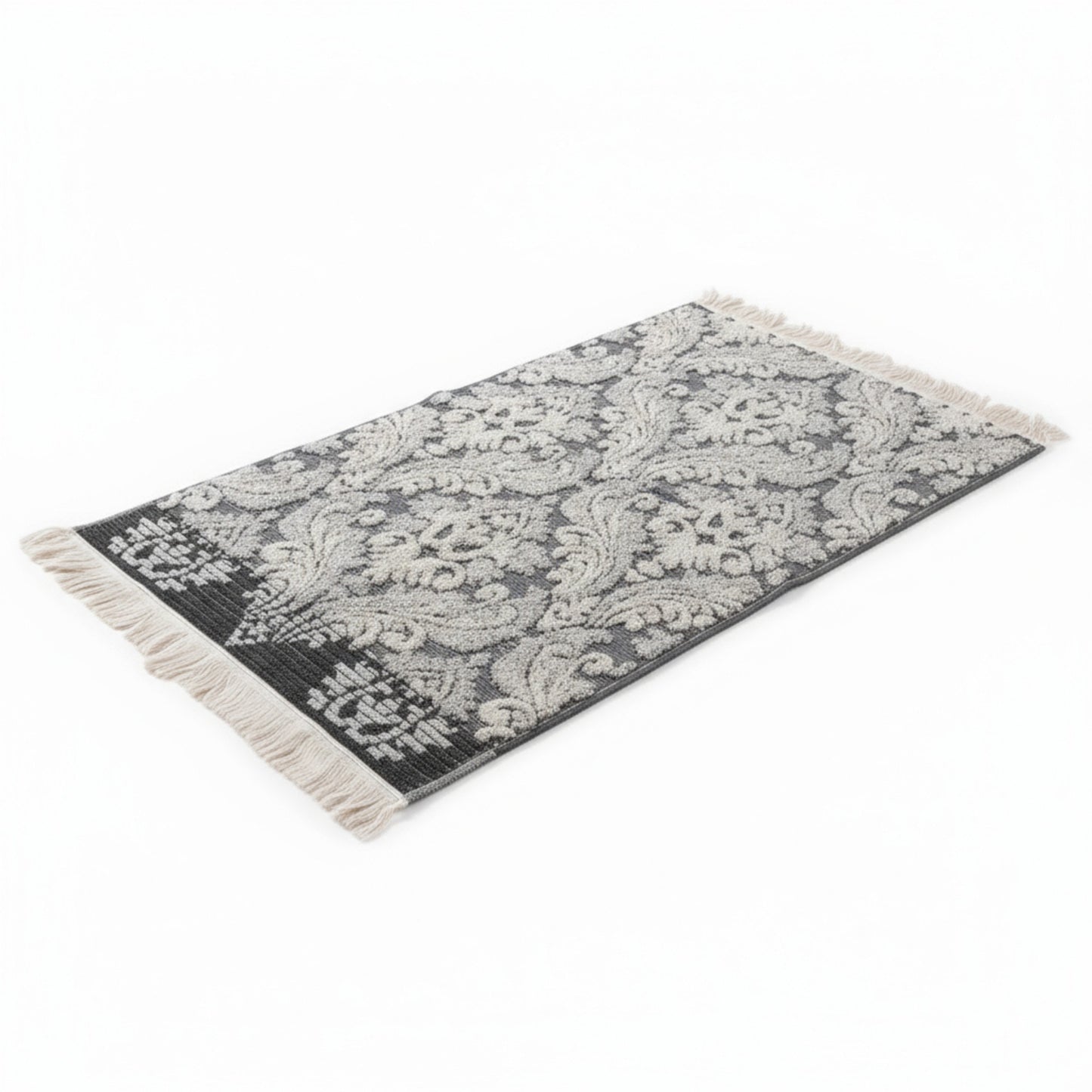 Gray and white damascus patterned hand towels Turkish Towels with fringes on a white background