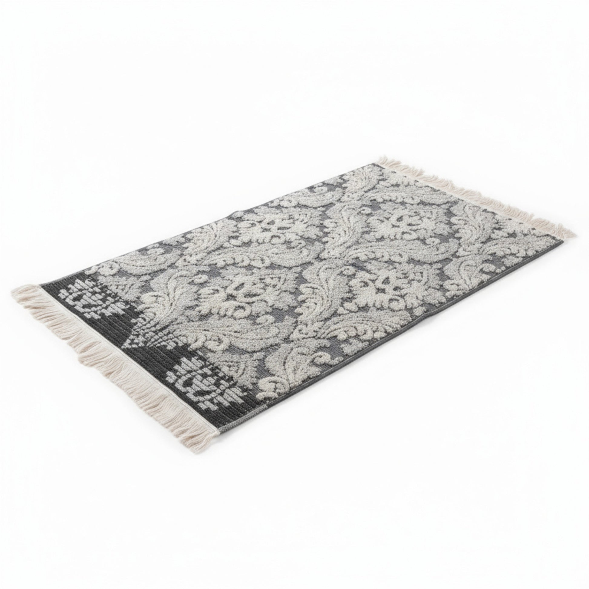 Gray and white damascus patterned hand towels Turkish Towels with fringes on a white background