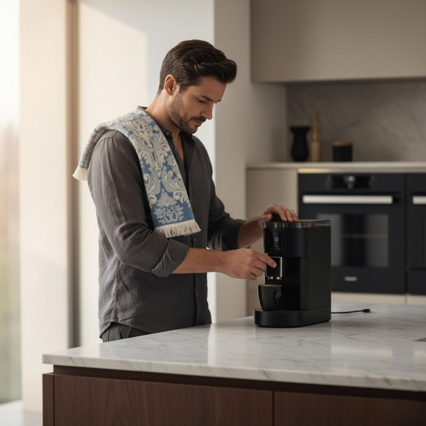 Man using a coffee maker in a modern kitchen damascus patterned hand towels Turkish Towels hanged on his holder