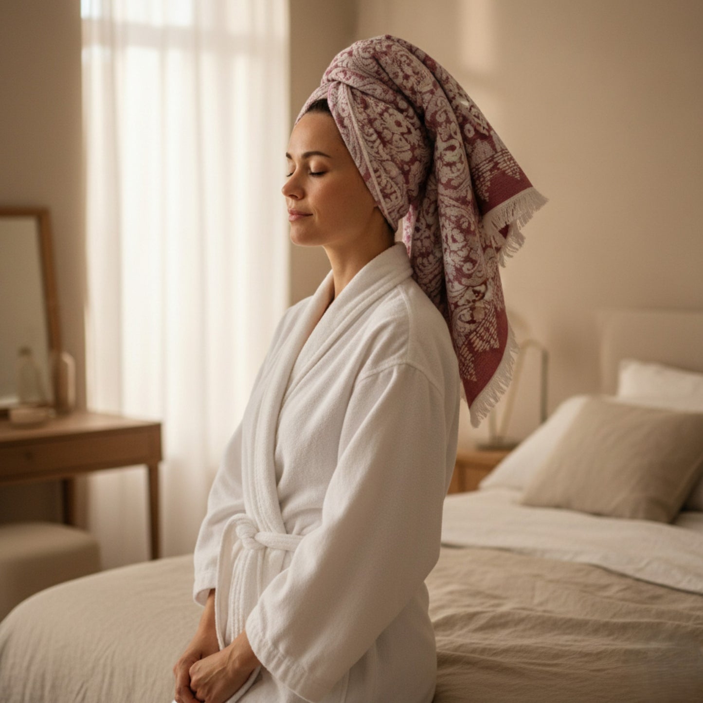 Woman in a white robe with a damascus patterned hand towels Turkish Towels on her head, sitting on a bed in a softly lit room.