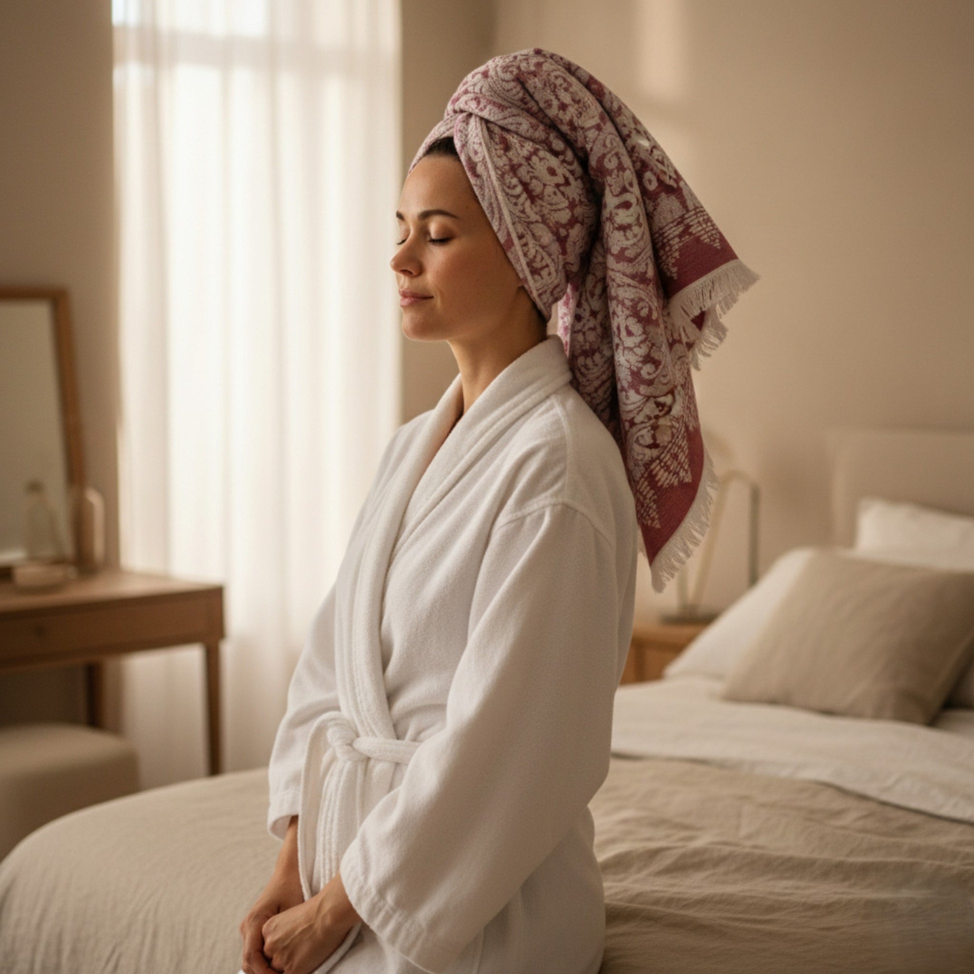Woman in a white robe with a damascus patterned hand towels Turkish Towels on her head, sitting on a bed in a softly lit room.