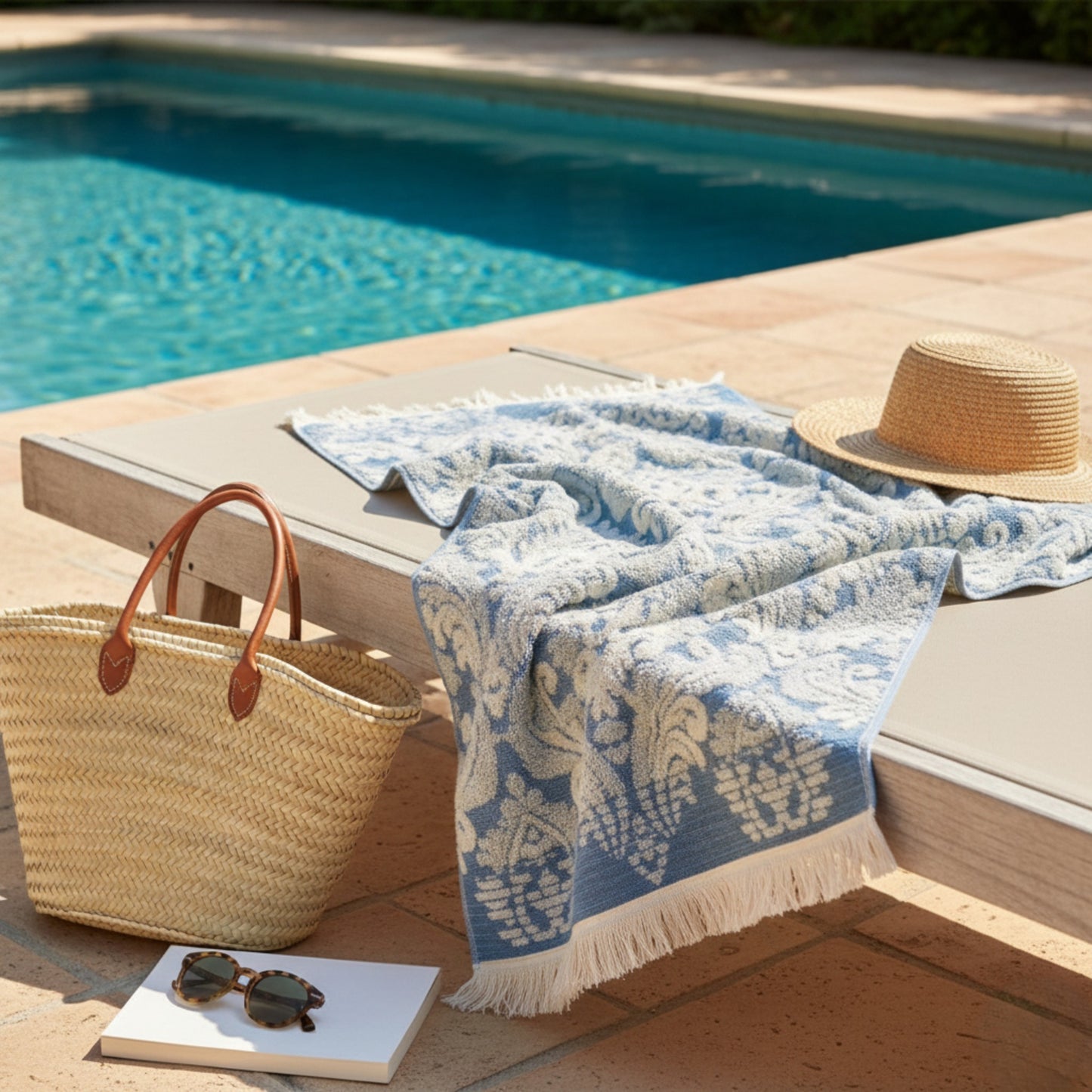 Blue damascus patterned hand towels Turkish Towels , straw bag, and sun hat on a wooden deck by a pool.