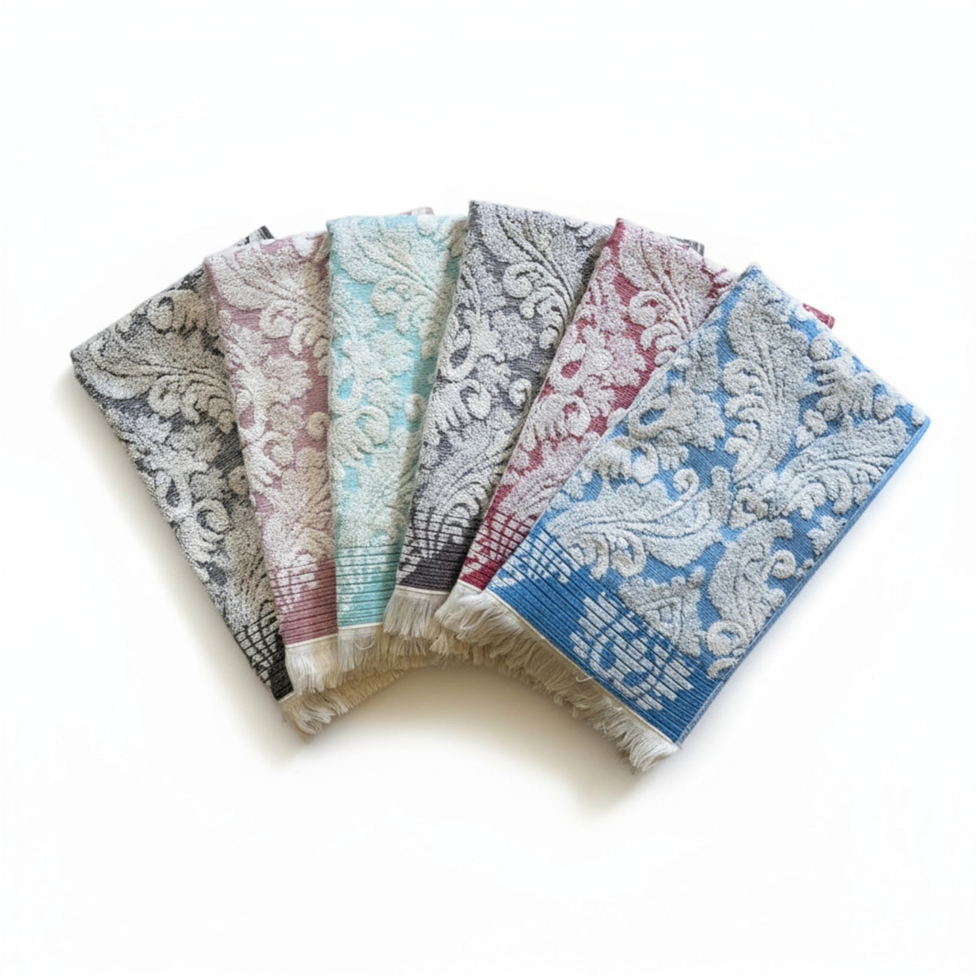 Set of five damascus patterned turkish hand towel on a white background