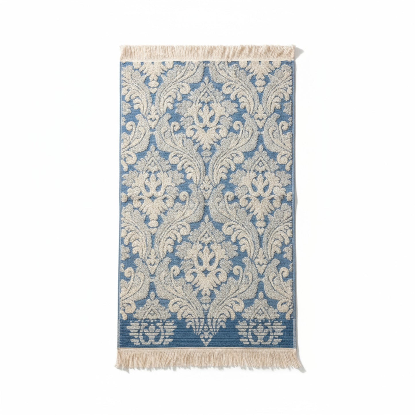 Blue and white damascus patterned hand towels Turkish Towels  with fringes on a white background