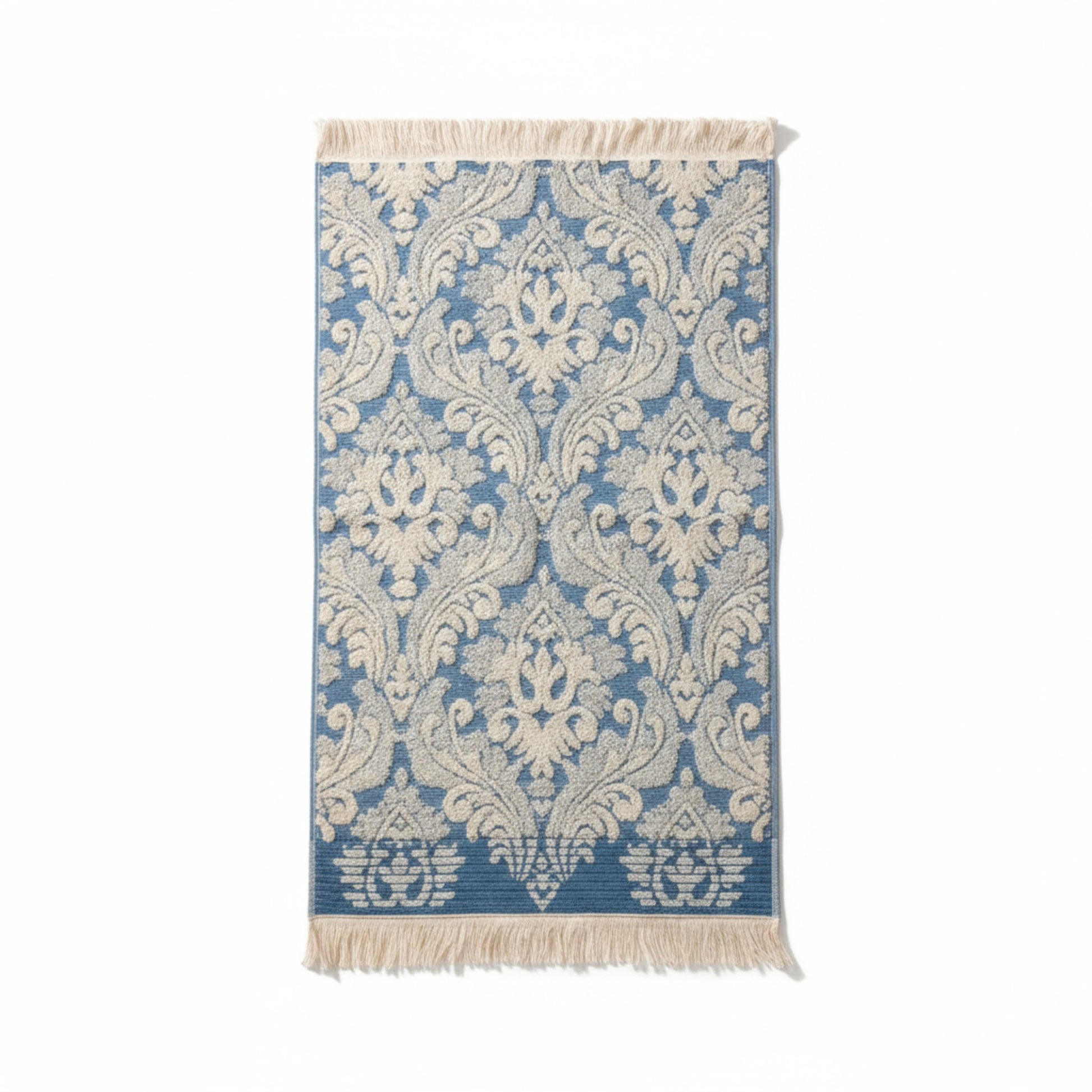 Blue and white damascus patterned hand towels Turkish Towels  with fringes on a white background