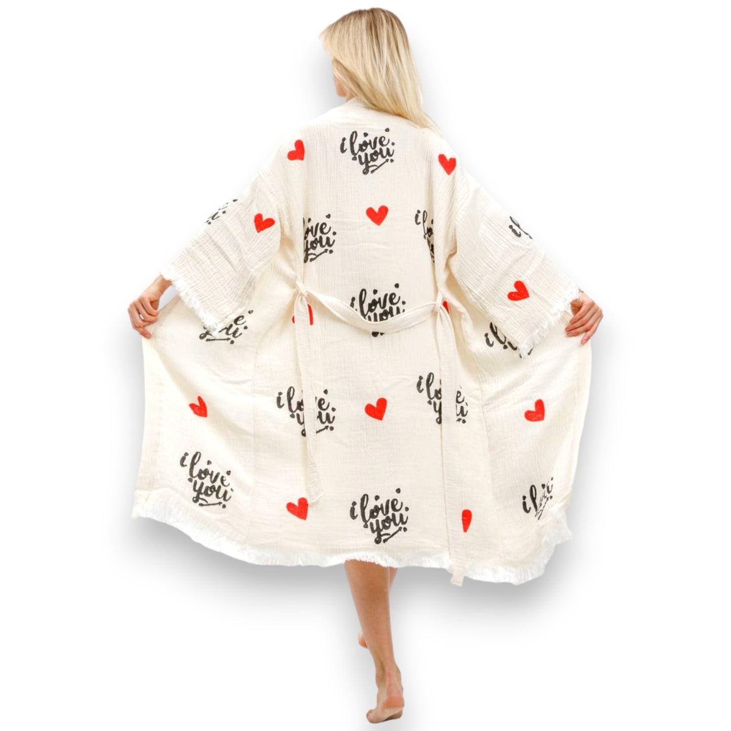 Hand-Made Block Print Love Design Turkish Towel Kimono Robe Kaftan