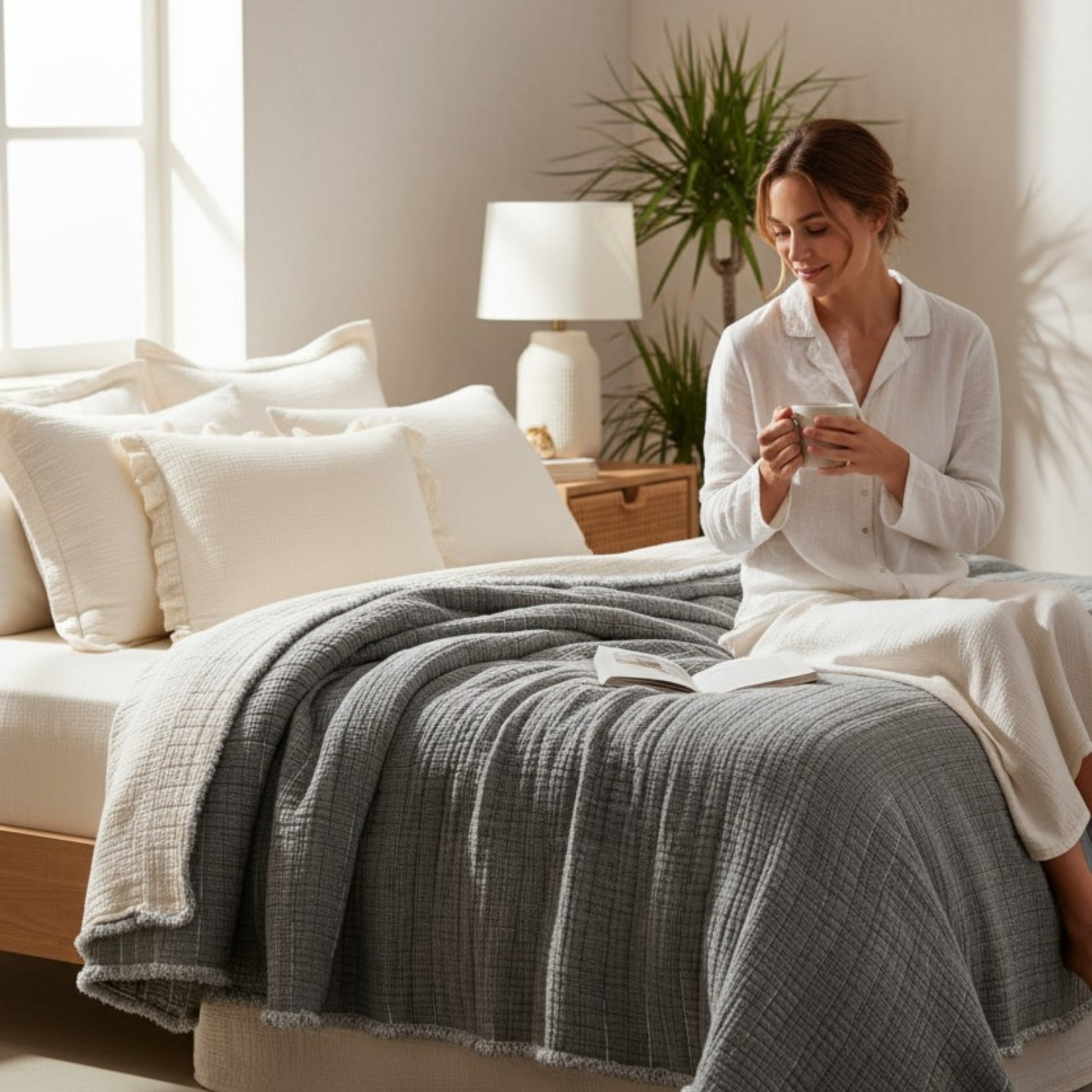 Woman sitting on a bed with a gray Muslin Ribbed Soft Quilt – 7 Layers of Dreamlike Comfort and white pillows in a bright room.