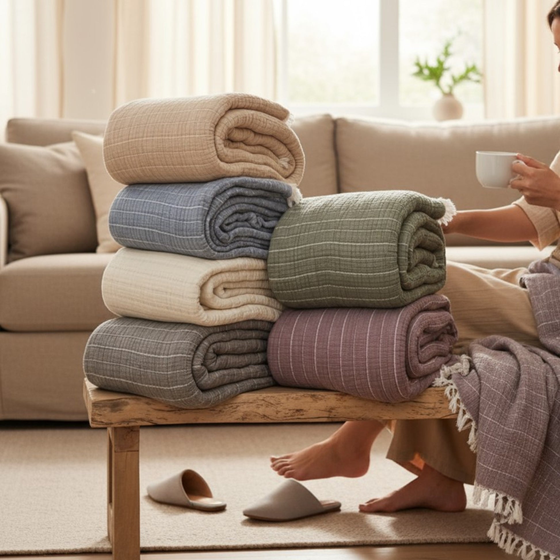 Stack of folded Muslin Ribbed Soft Quilt – 7 Layers of Dreamlike Comfort in various colors on a wooden bench with a person holding a cup in a cozy living room.