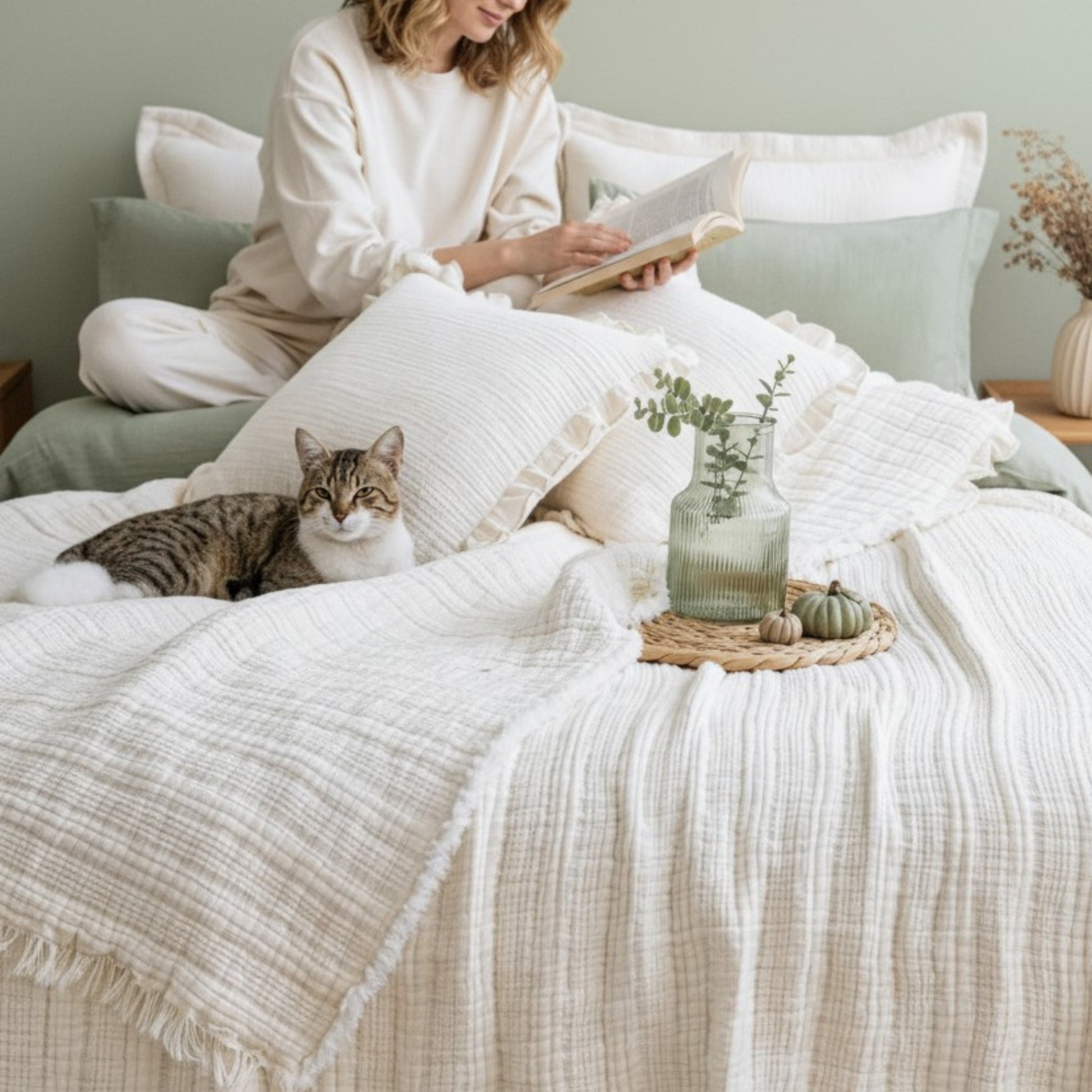 Woman reading a book on a bed with a cat and decorative Muslin Ribbed Soft Quilt – 7 Layers of Dreamlike Comfort.