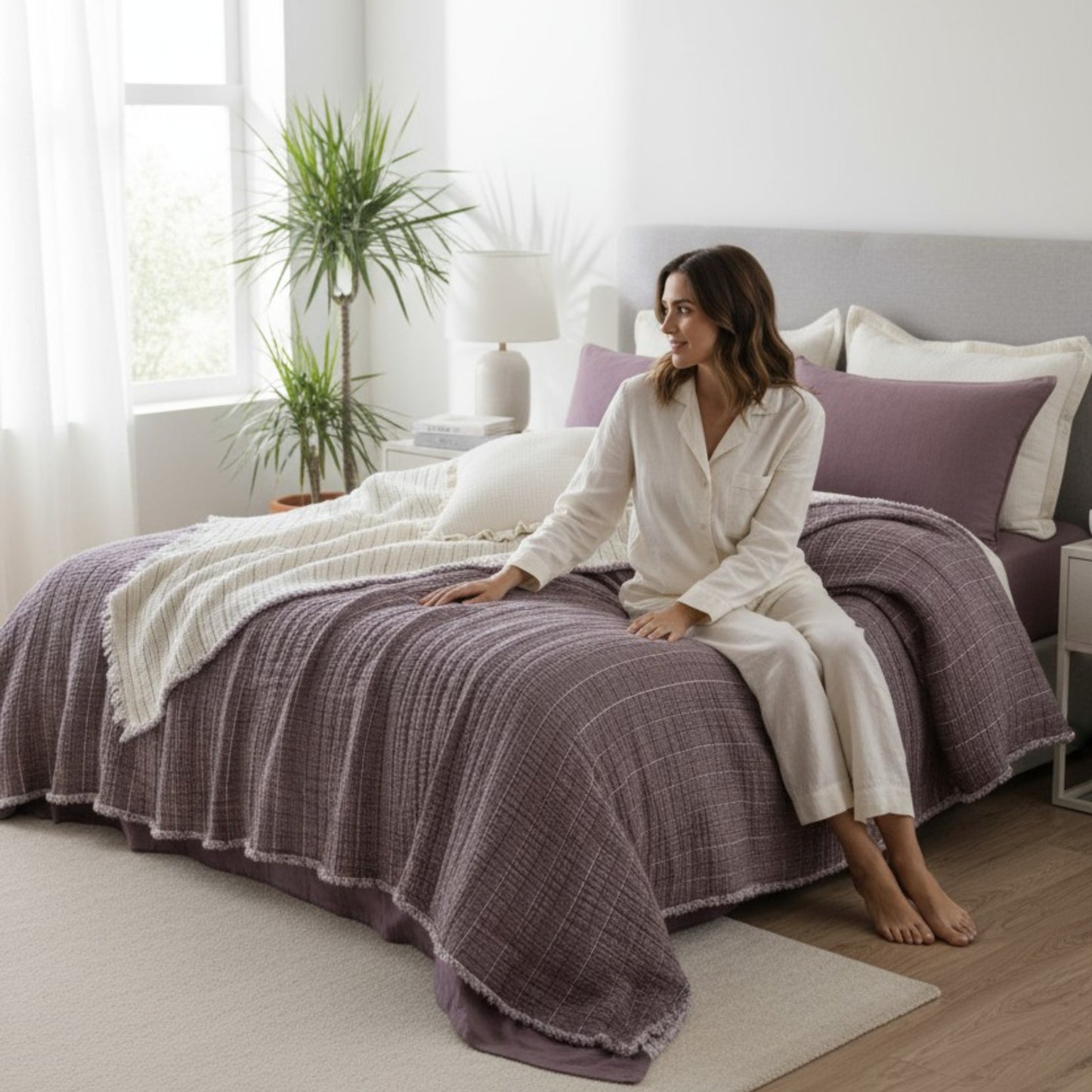 Woman sitting on a bed with a purple and white checkered Muslin Ribbed Soft Quilt – 7 Layers of Dreamlike Comfort in a bright bedroom.