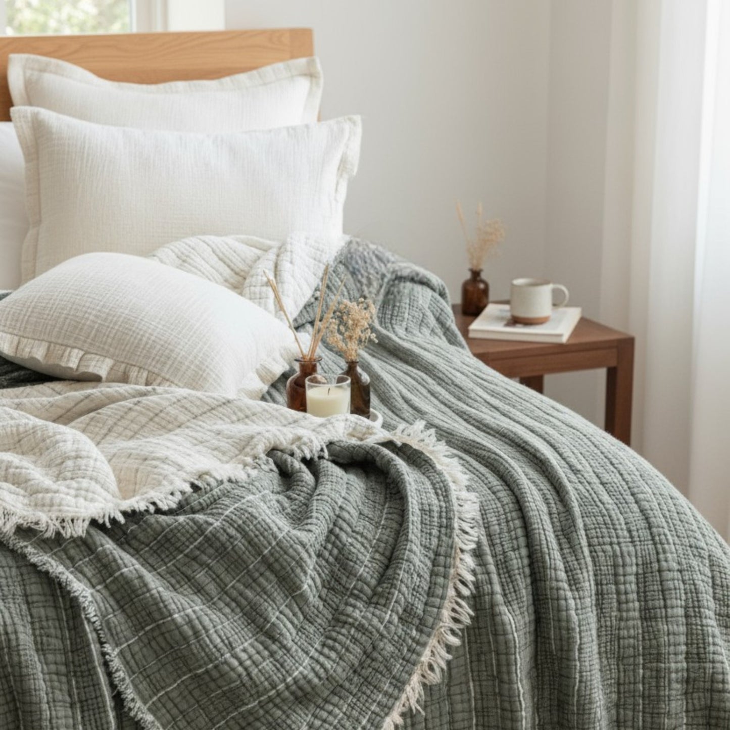 Bed with plaid Muslin Ribbed Soft Quilt – 7 Layers of Dreamlike Comfort and pillows in a bedroom setting