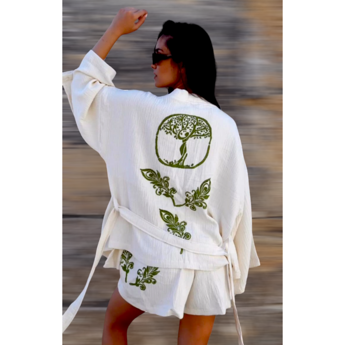 Natural Cotton Hand-Made Olive Tree Beach Kimono Kaftan Set