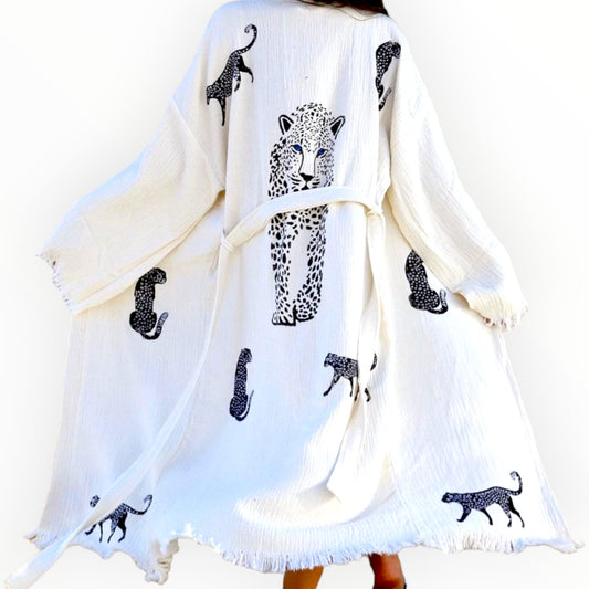 Natural Cotton Hand-Made Turkish Towel Kimono Robe - Leopard Print