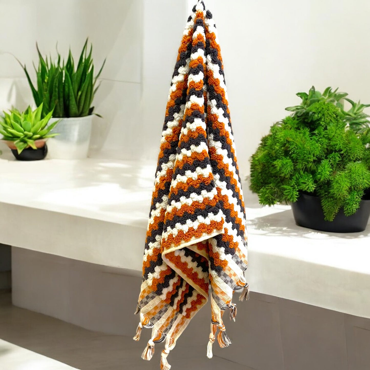 Natural Cotton Hand-Woven Turkish Terry Hammam Hand Towel Designer Zigzag Pattern