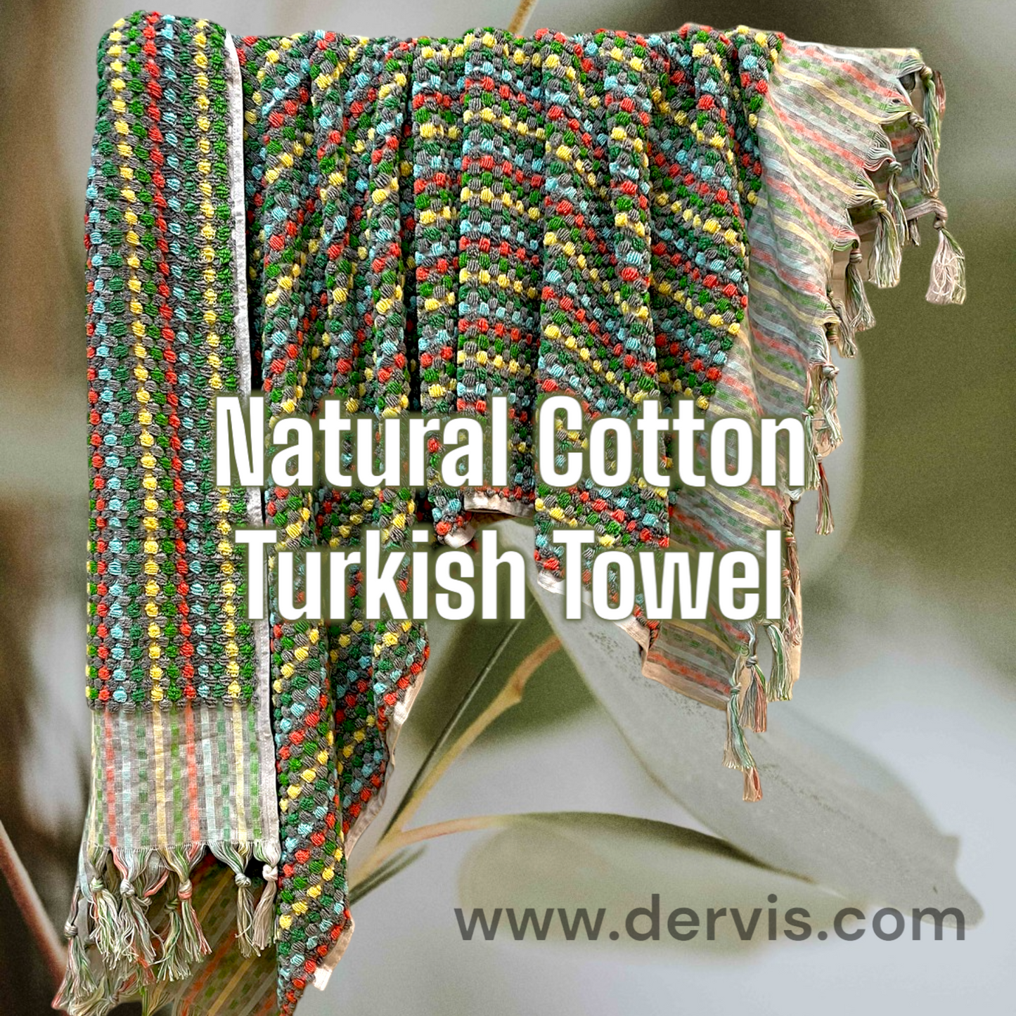 Natural Cotton Hand-Woven Turkish Terry Hammam Towel Pompom Pattern