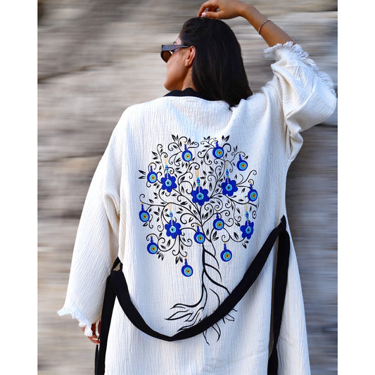 Natural Cotton Hand Woven Kimono Kaftan Robe Tree Of Life