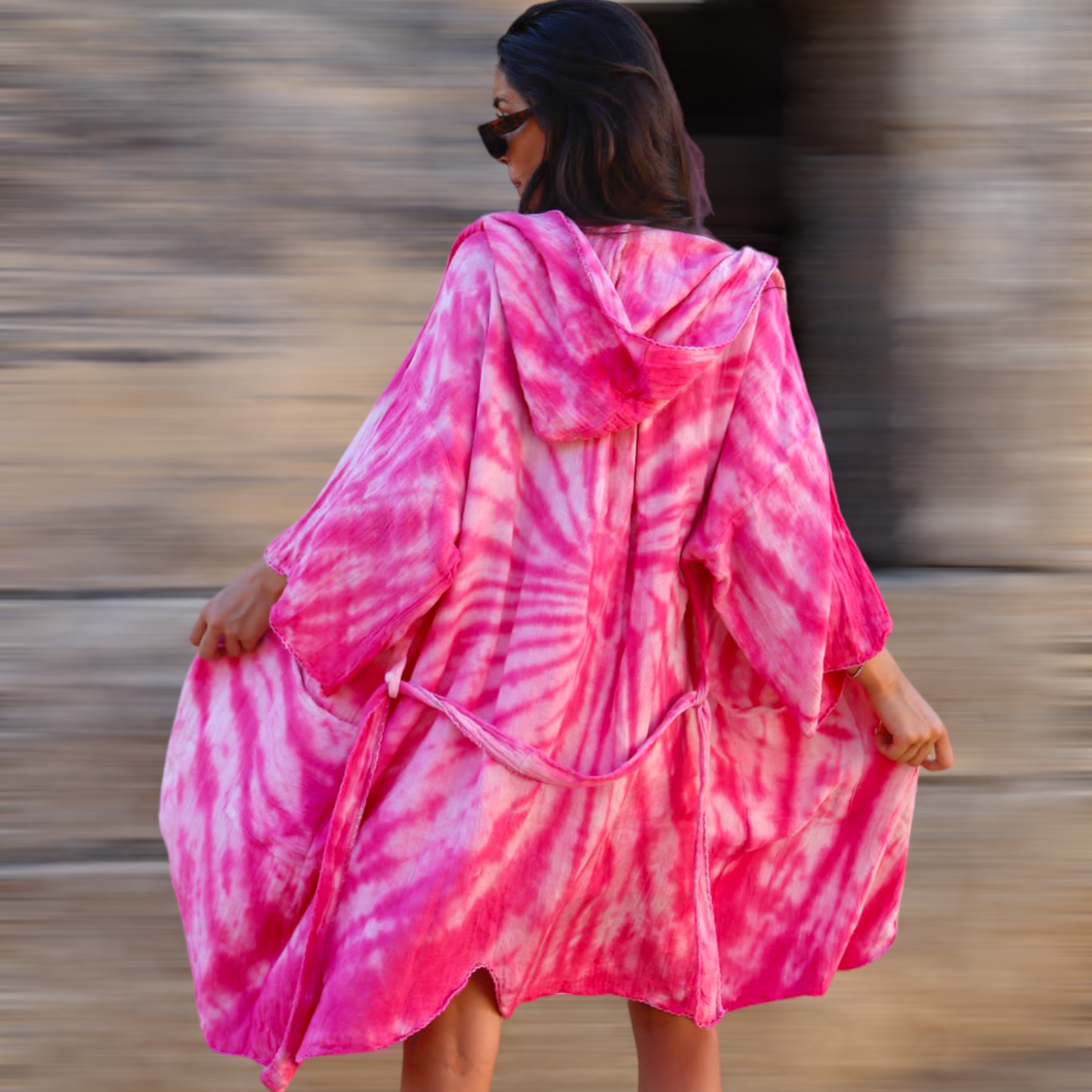 Natural Cotton Hand Woven Tie Dye Barbie Pink Beach Kimono Kaftan