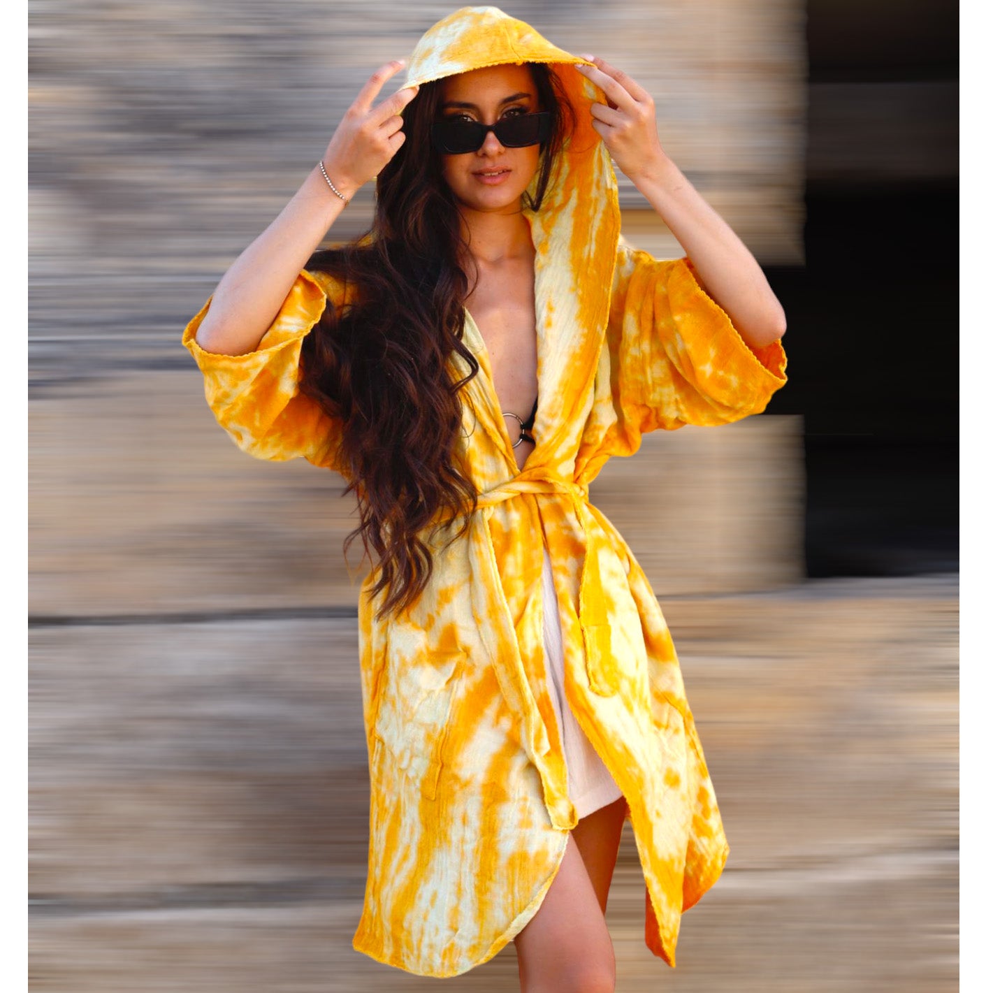 Natural Cotton Hand Woven Tie Dye Golden Beach Kimono Kaftan