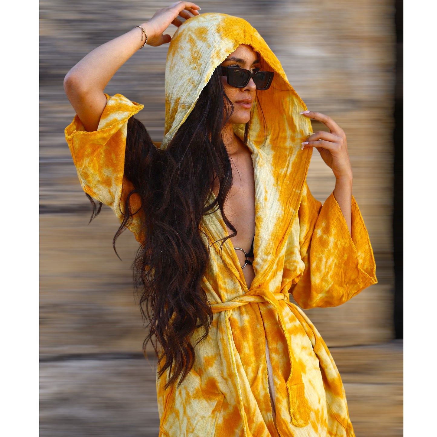 Natural Cotton Hand Woven Tie Dye Golden Beach Kimono Kaftan